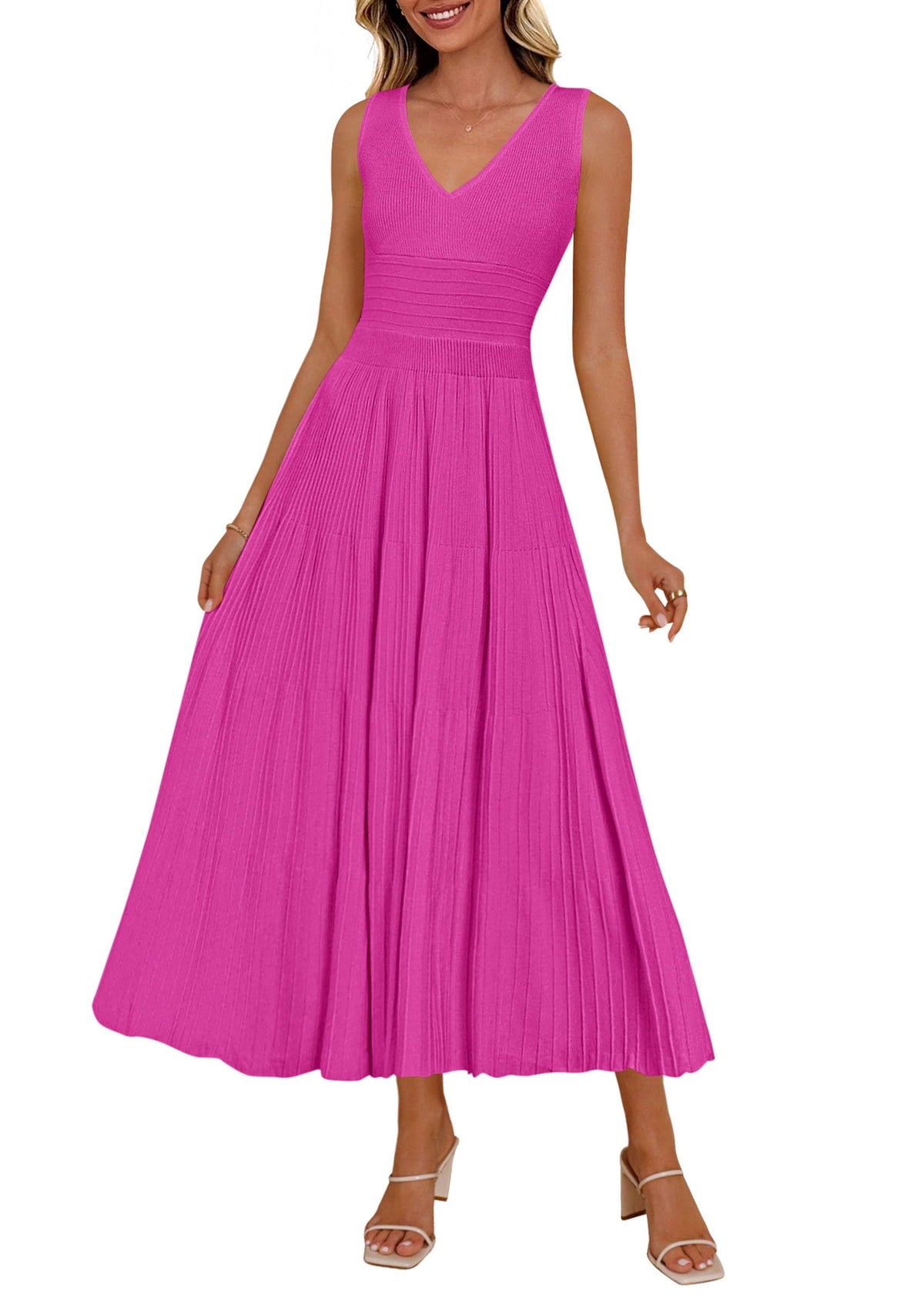 PRETTYGARDEN Women's Summer V Neck Pleated Midi Dress