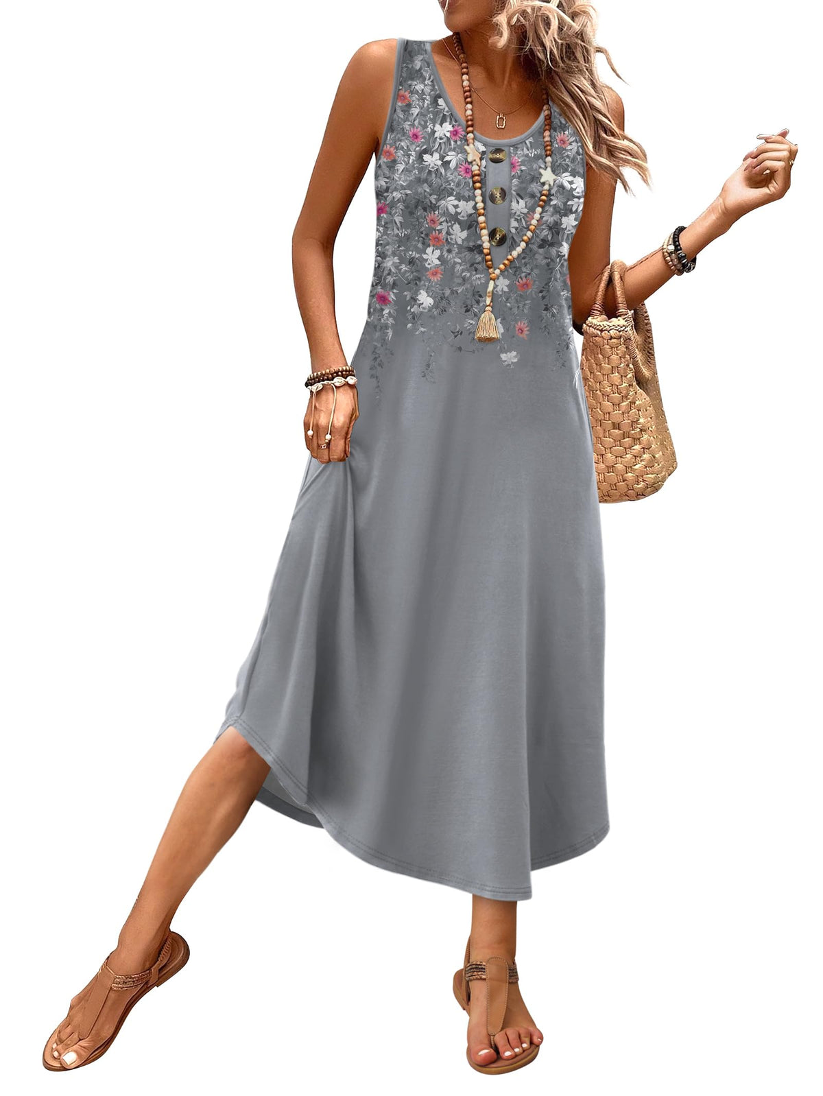 WIHOLL Summer Dresses for Women 2026 Button Front Sleeveless Casual Midi Dress Beach Vacation Sundresses with Pockets