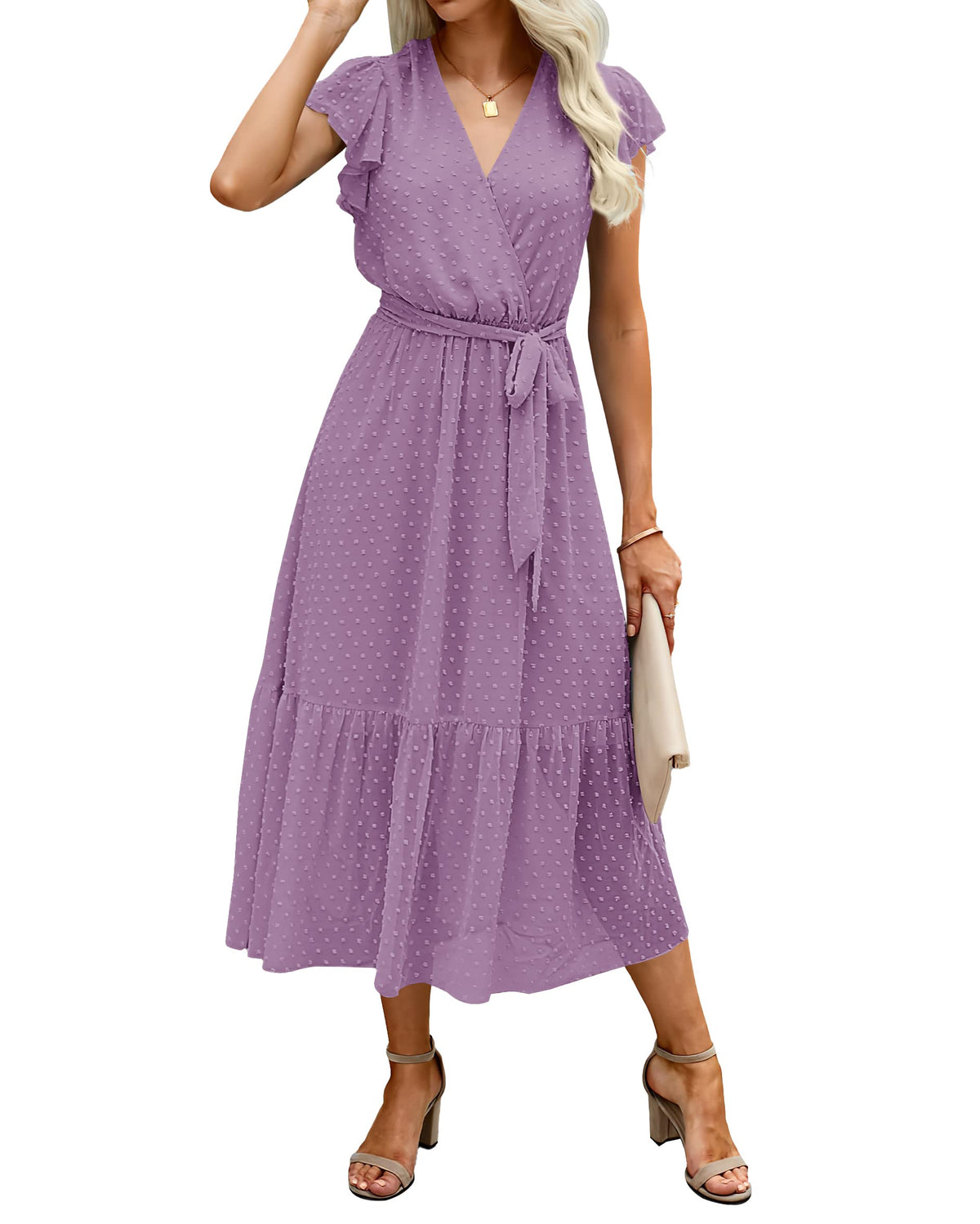 BTFBM Women Summer Casual Wrap V Neck Ruffle Cap Sleeve Belted Midi Dress