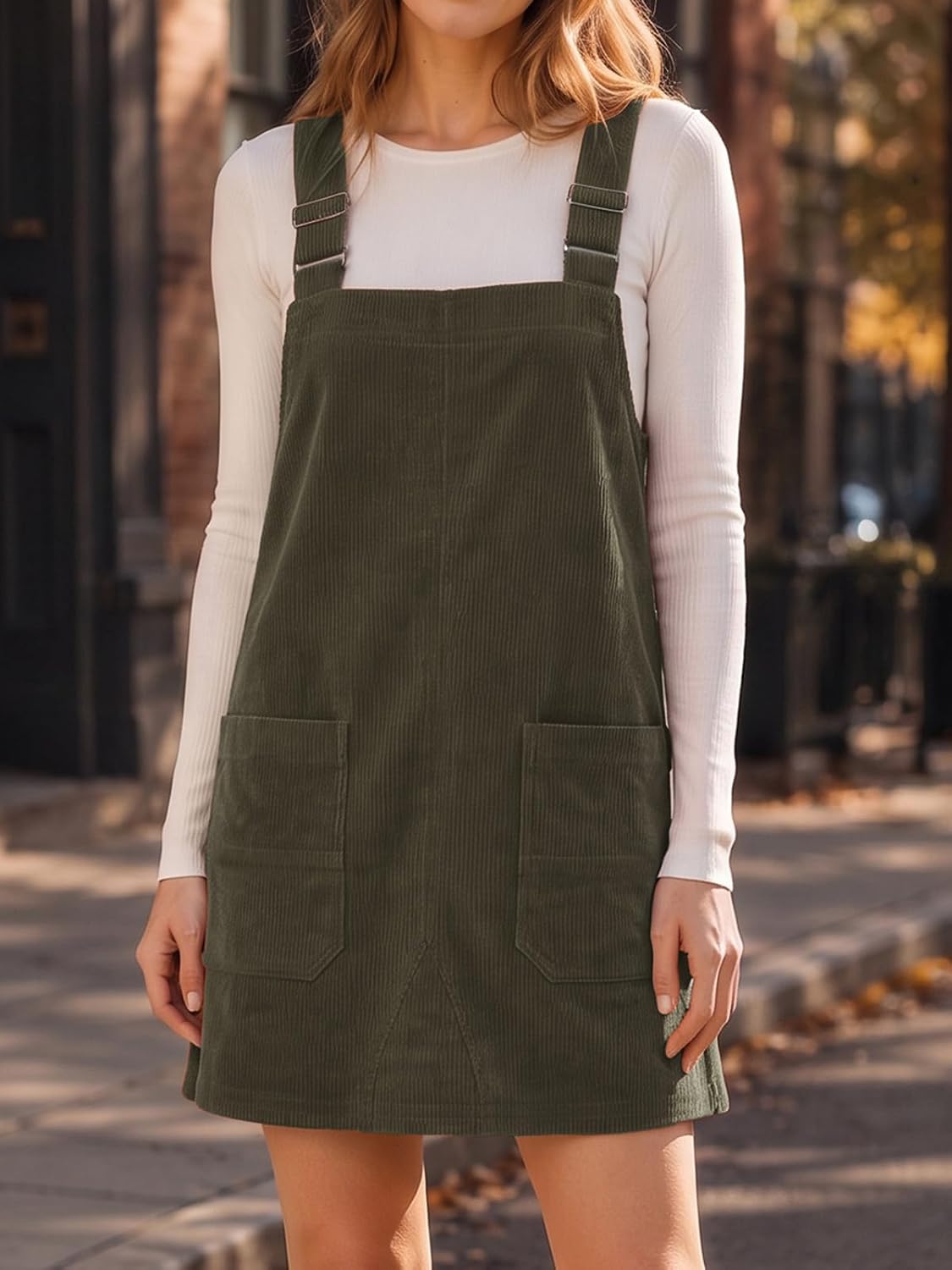 Yousify Women's Corduroy Overalls Dress Square Neck Mini Jumper Dress