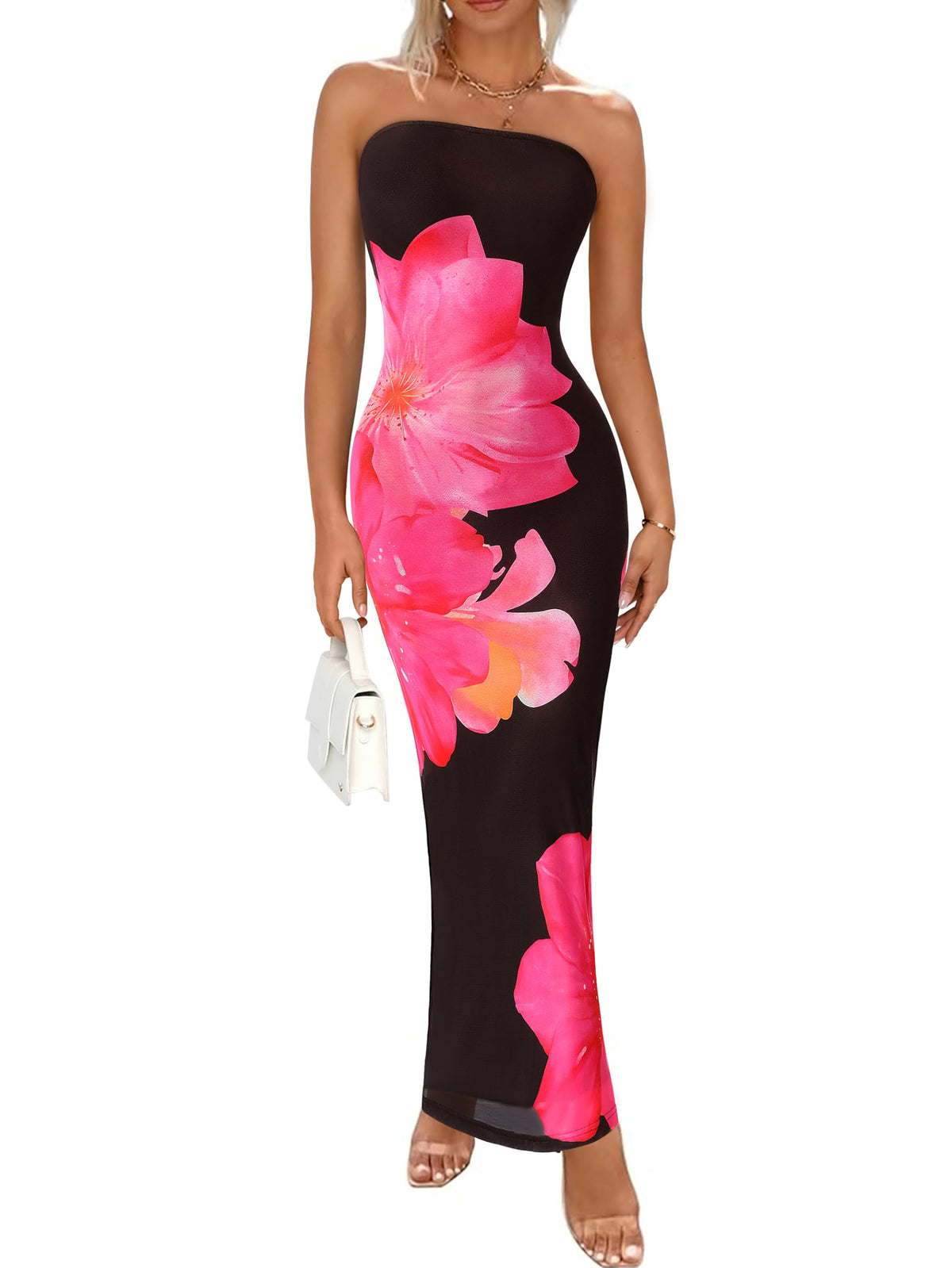 PRETTYGARDEN Women Summer Strapless Maxi Dress Tube Floral Bodycon Dresses