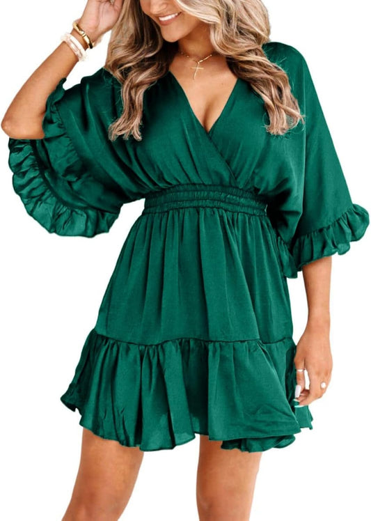 Aoysky Womens V Neck Casual Dresses Summer Cute Mini Short Western Dress
