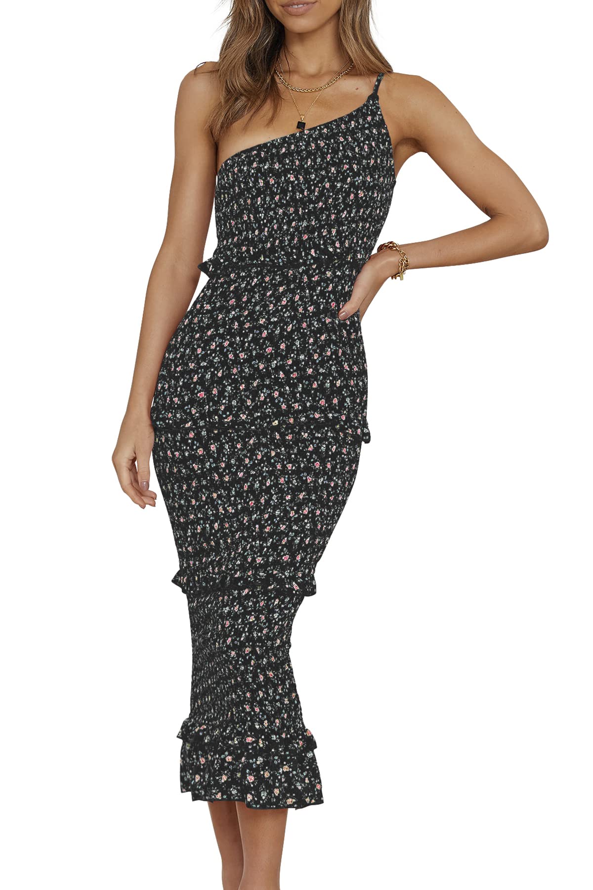 PRETTYGARDEN Women's Summer Midi Bodycon Dresses One Shoulder Strappy Tiered Ruffle Floral Boho Sun Dress