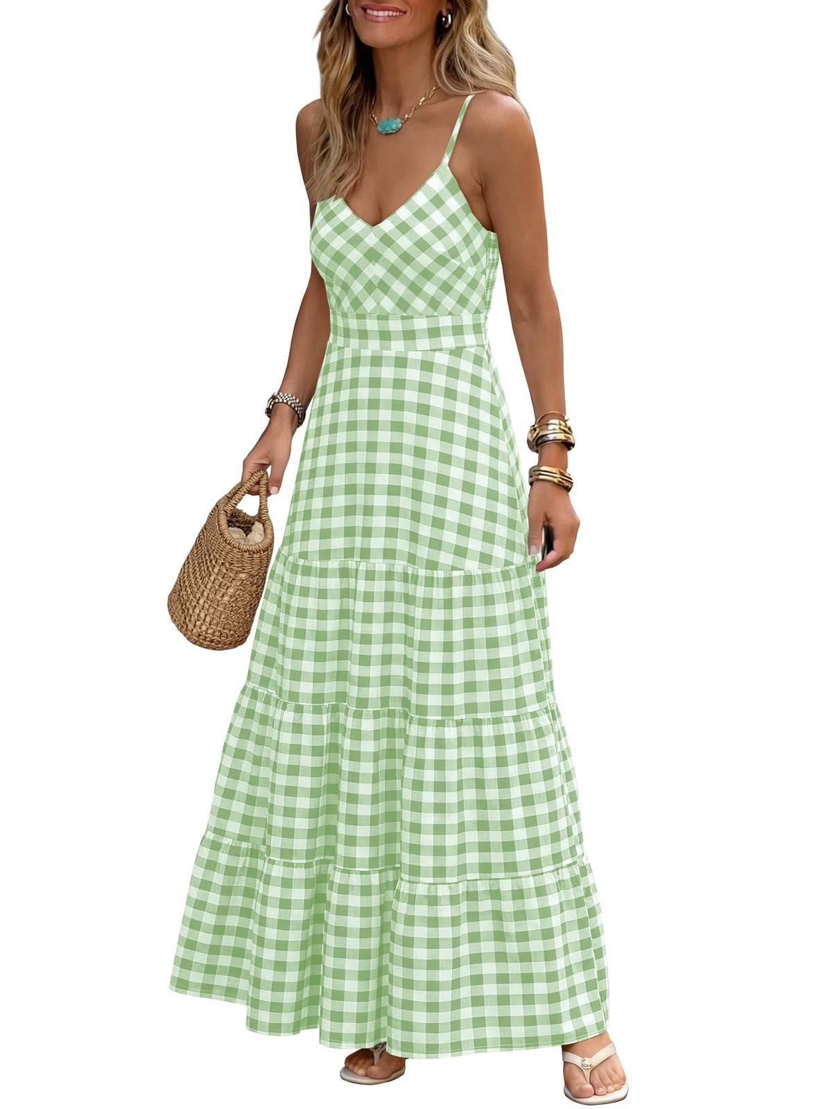 Caracilia Womens Summer Gingham Striped Flowy Spaghetti Strap Maxi Dress