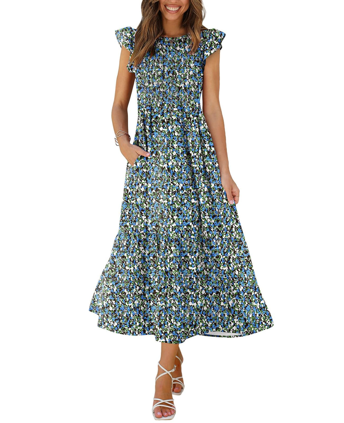 OFEEFAN Women's Casual Maxi Dresses with Pockets Ruffle Sleeve Smocked Dress XS-2XL