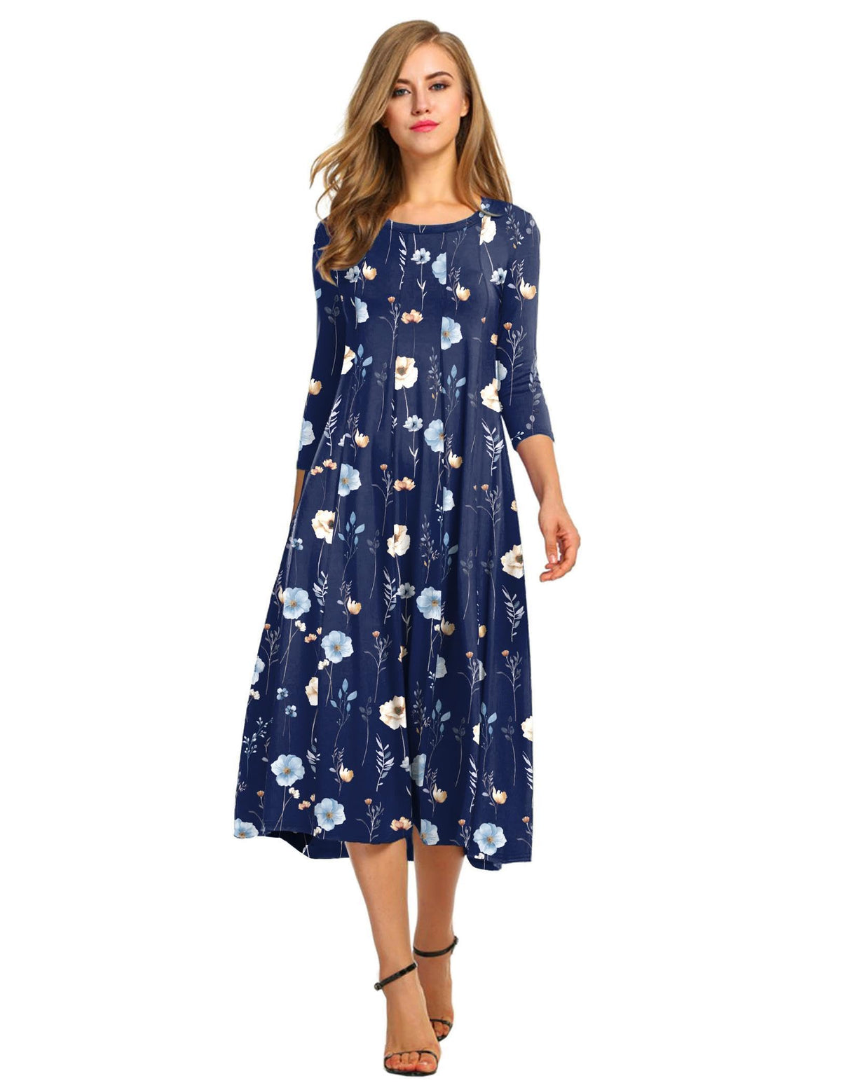 HOTOUCH Women's 3/4 Sleeve A-line and Flare Midi Long Dress