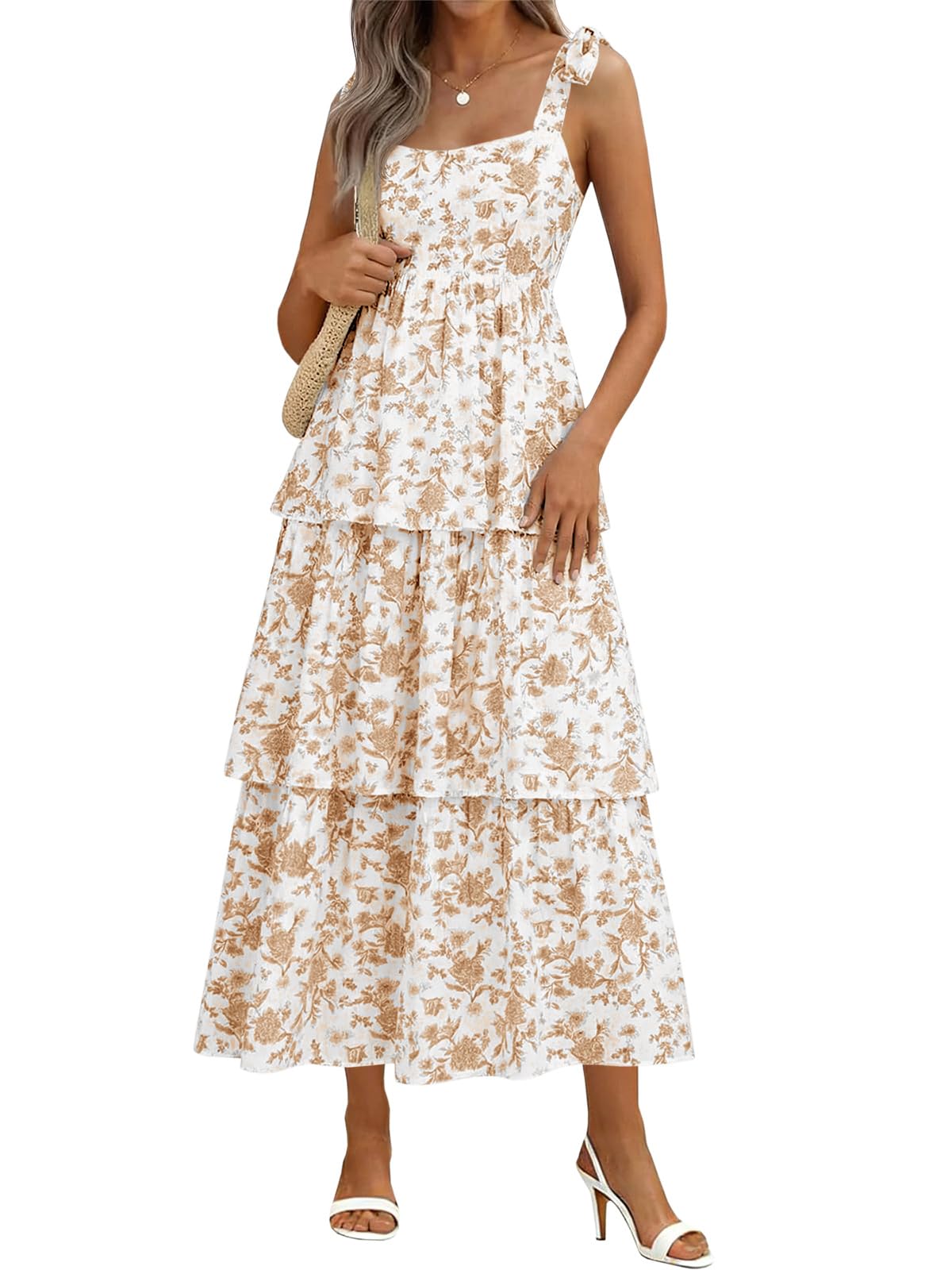 Wenrine Womens Summer Floral Maxi Dress Sleeveless Ruffle Smocked Sundress