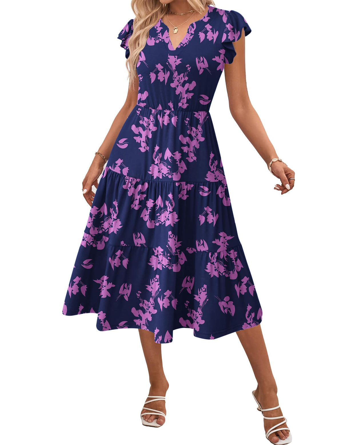 ZEAGOO Womens Summer Casual Dresses Ruffle Sleeve V Neck Midi Dress Flowy Tiered Dress with Pockets Boho Sundresses
