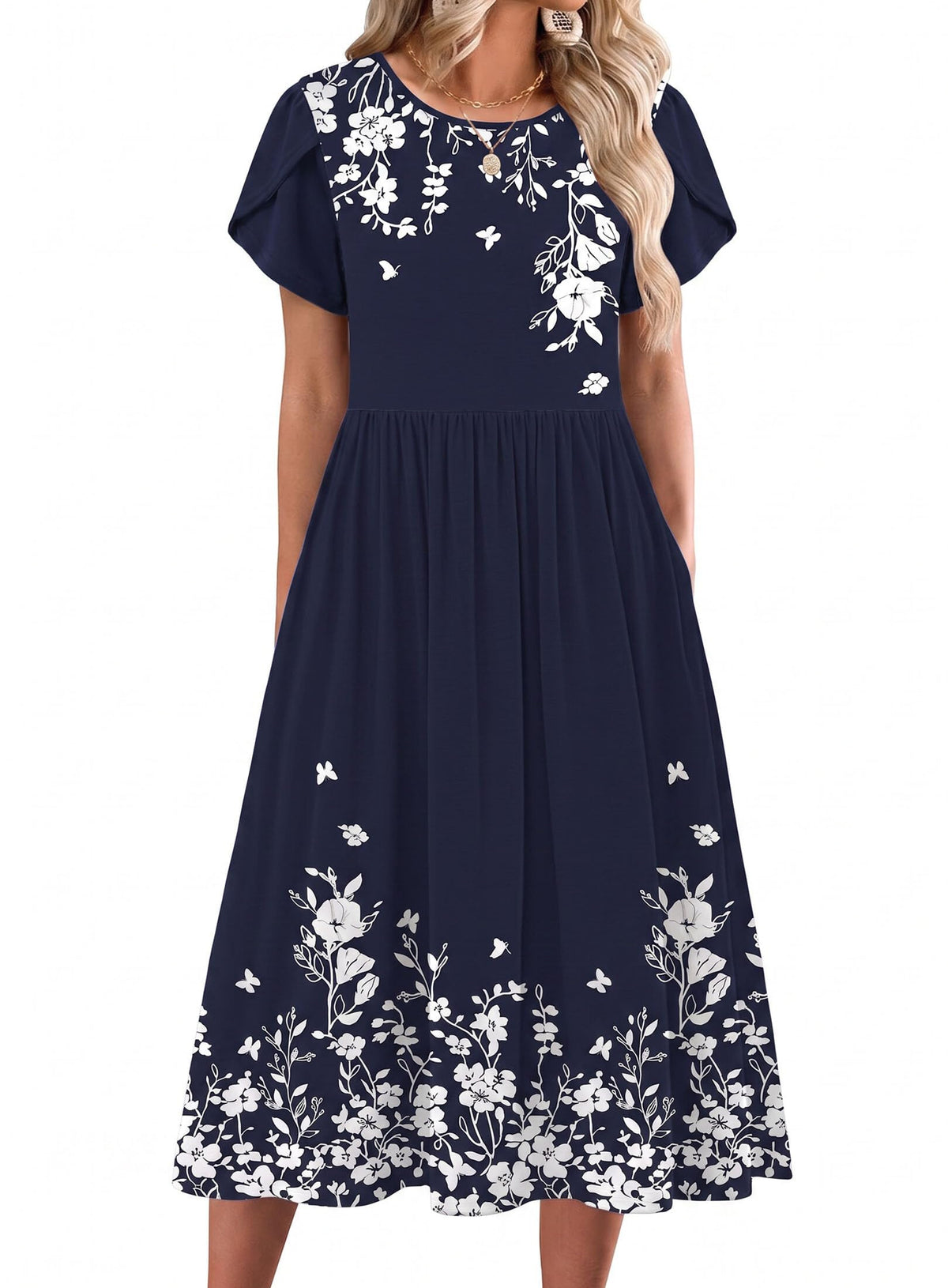 Zeagoo Womens Summer Dresses Casual Aline Midi Dress Short Sleeve Floral Tshirt Dress Flowy Beach Sundresses with Pockets