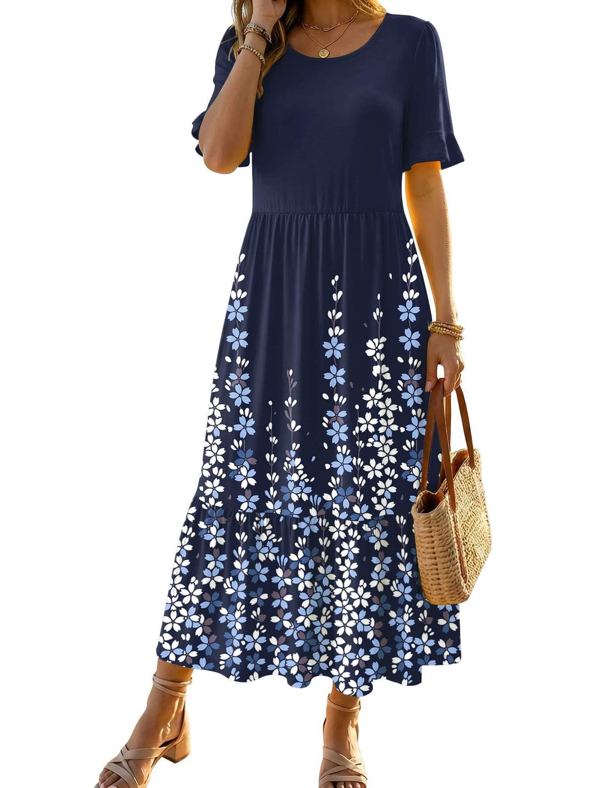 Zeagoo Womens Summer Dresses 2026 Casual Midi Dress Flowy Sundress Ruffle Short Sleeve Tiered Dresses A Line Boho Dress