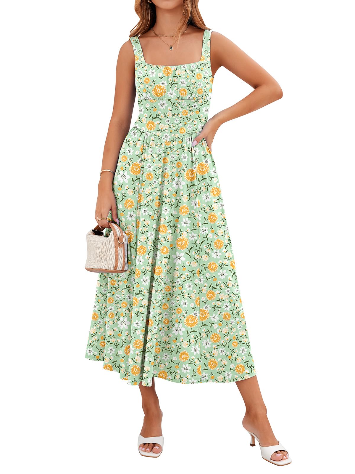 YIOYOLA Womens Casual Summer Dress with Pockets | Sleeveless Square Neck Flowy A-Line Midi Sundress for Beach & Wedding Guest