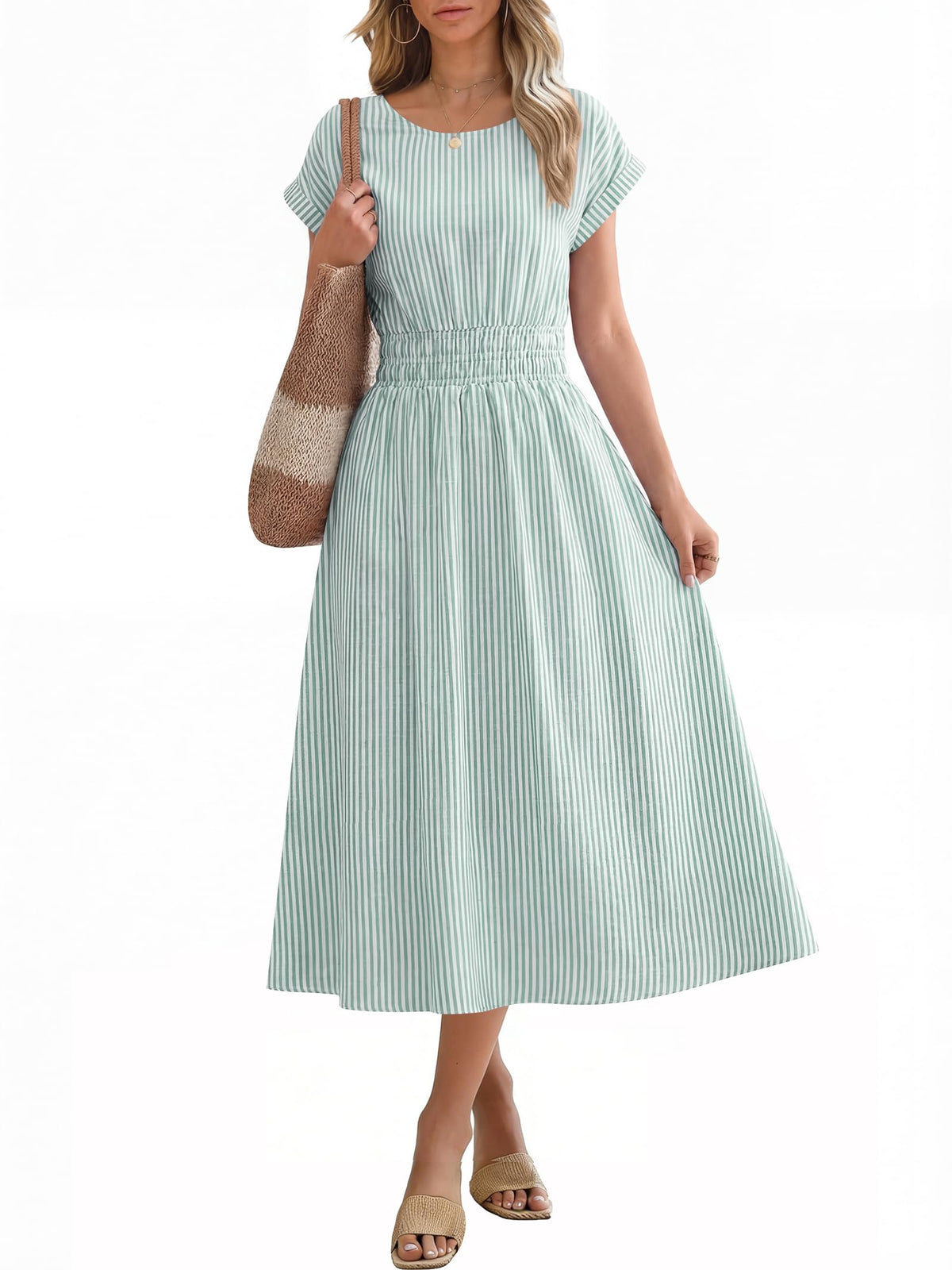 ANRABESS Womens Summer Midi Dress Striped Casual Short Sleeve Crewneck Elastic Waist 2026 Flowy Long Beach Dress with Pockets