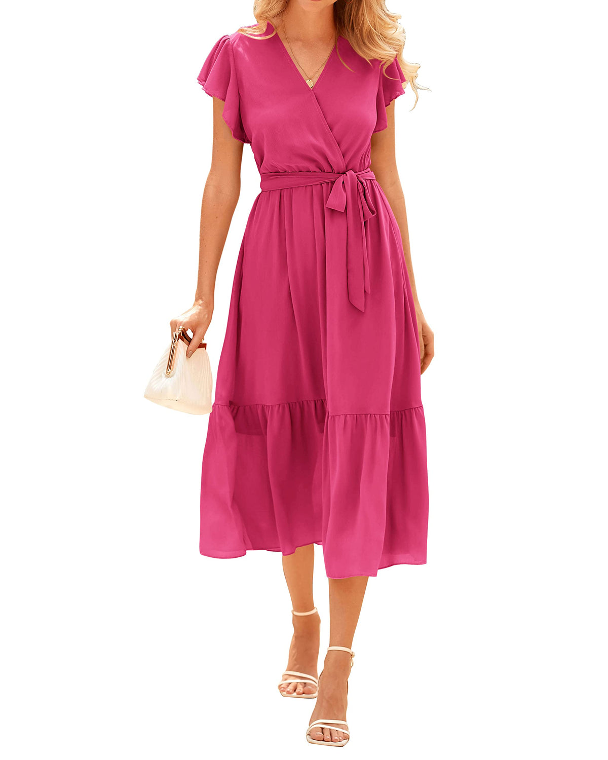 BTFBM Women Summer Casual Wrap V Neck Ruffle Cap Sleeve Belted Midi Dress