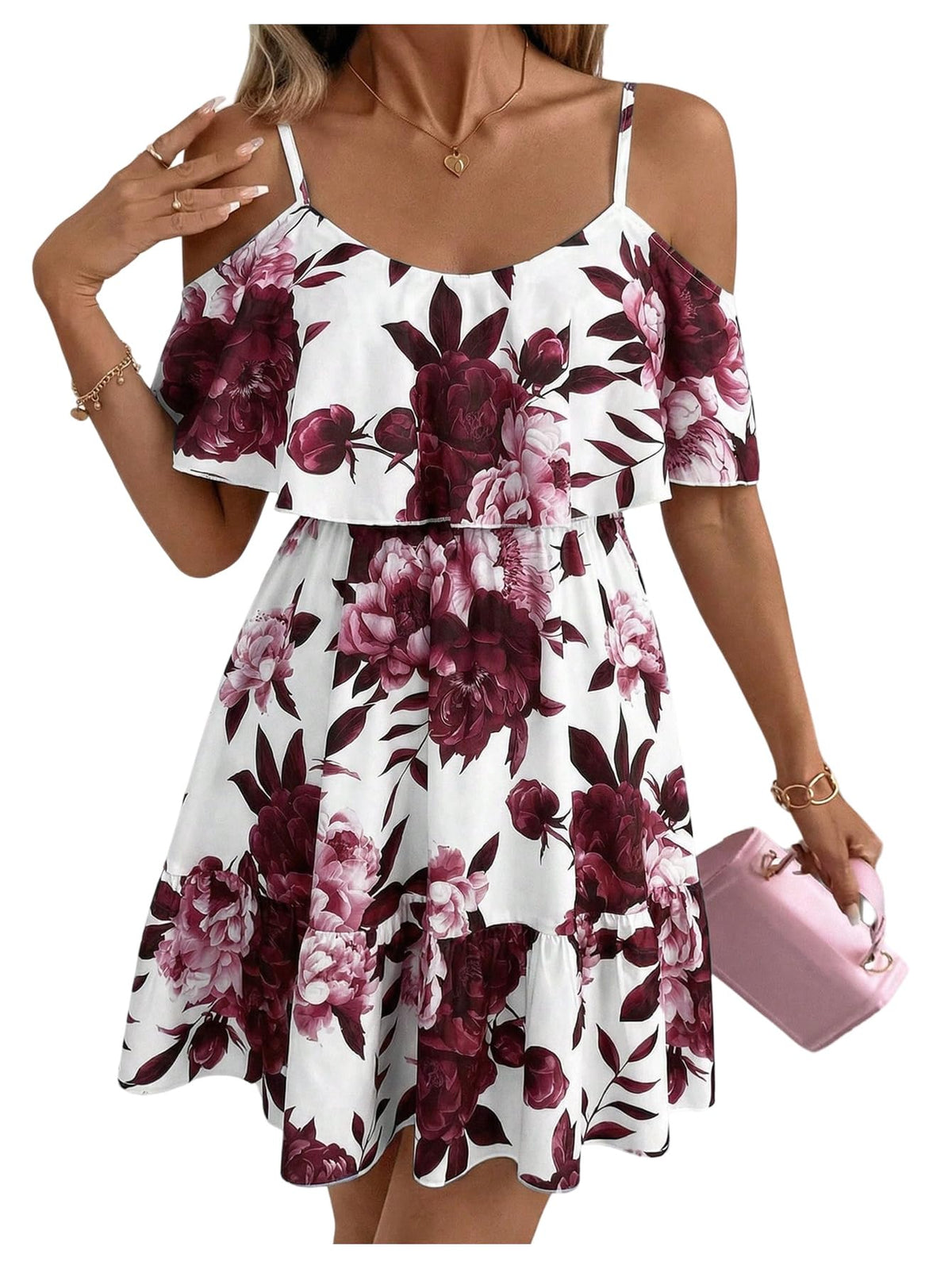SOLY HUX Women's Summer Floral Mini Dress Cold Shoulder Ruffle Dresses