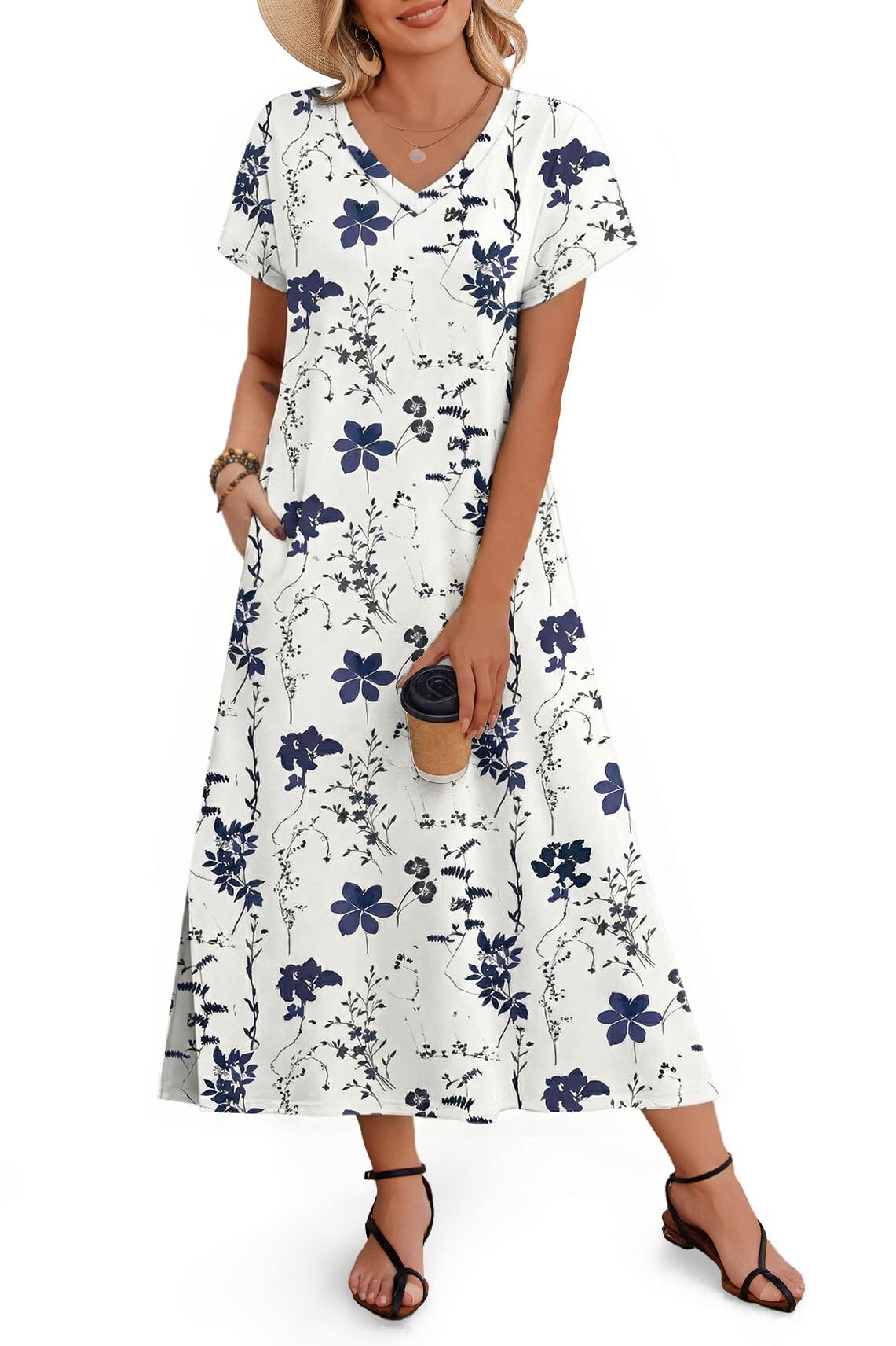 Zeagoo Women Summer Floral Dress Short Sleeve Beach Dress with Pockets Casual V-Neck Split Long T-Shirt Dress Travel Vacation