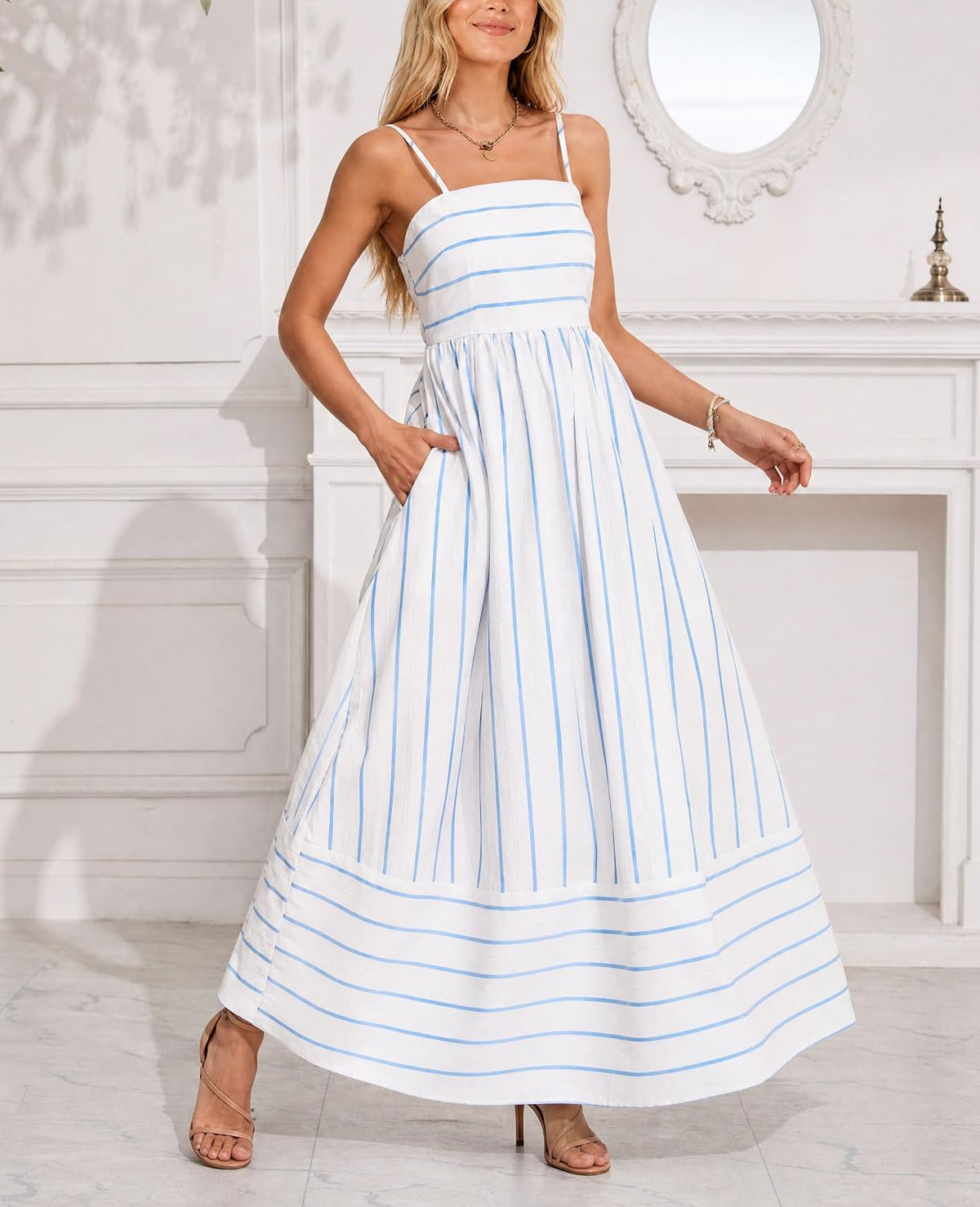 chouyatou Women's Striped Back Smocked Maxi Dress Sexy Spaghetti Strap Cut Out Flowy Swing Long Dress