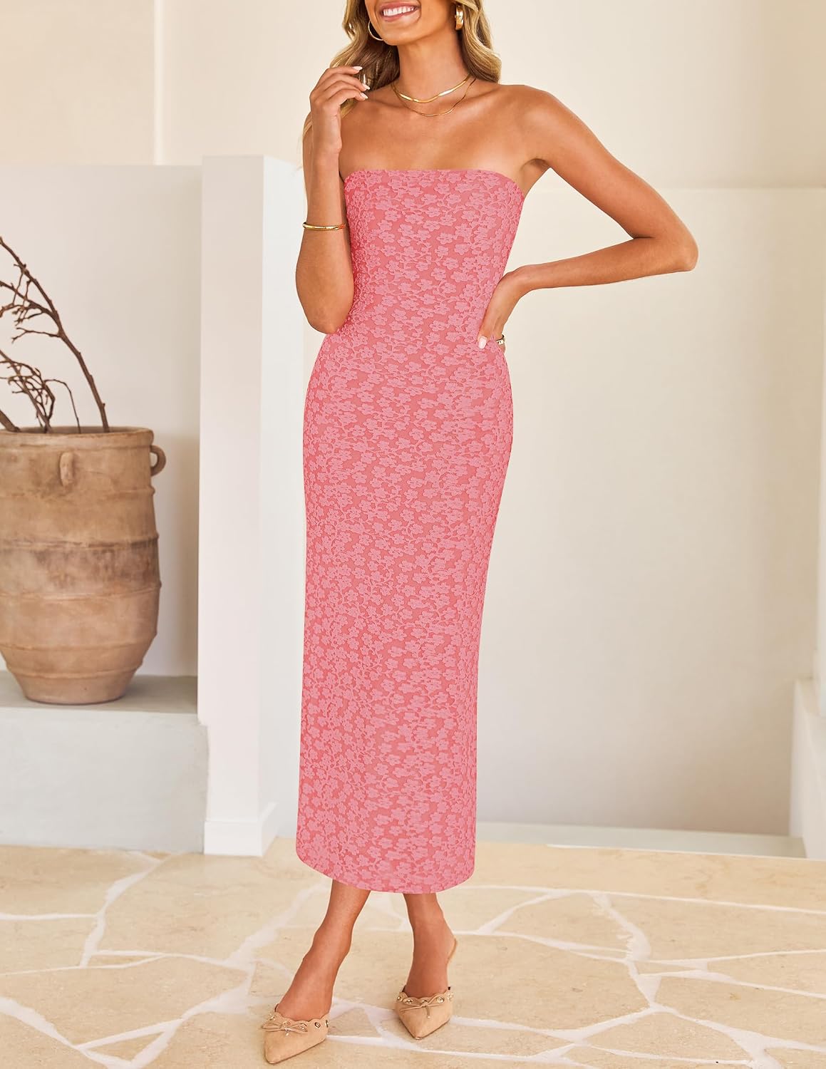ZESICA Women's Floral Strapless Bodycon Weeding Guest Dress