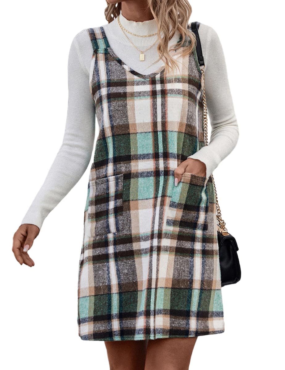 IDEALSANXUN Plaid Overall Dress for Women Fall Winter Sleeveless Plaid Dresses with Pockets