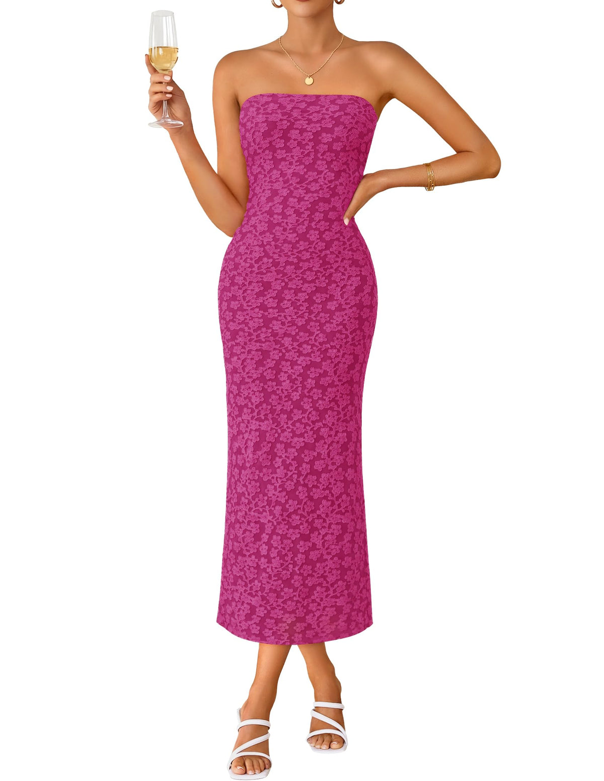 ZESICA Women's Floral Strapless Bodycon Weeding Guest Dress