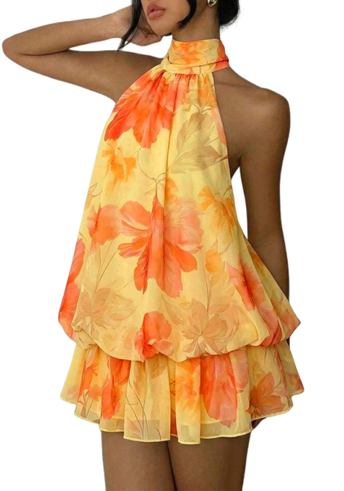 Women's Chiffon Halter Drop Waist Mini Dress Wedding Guest Dresses Ruffle Formal Holiday Club Brunch Outfits
