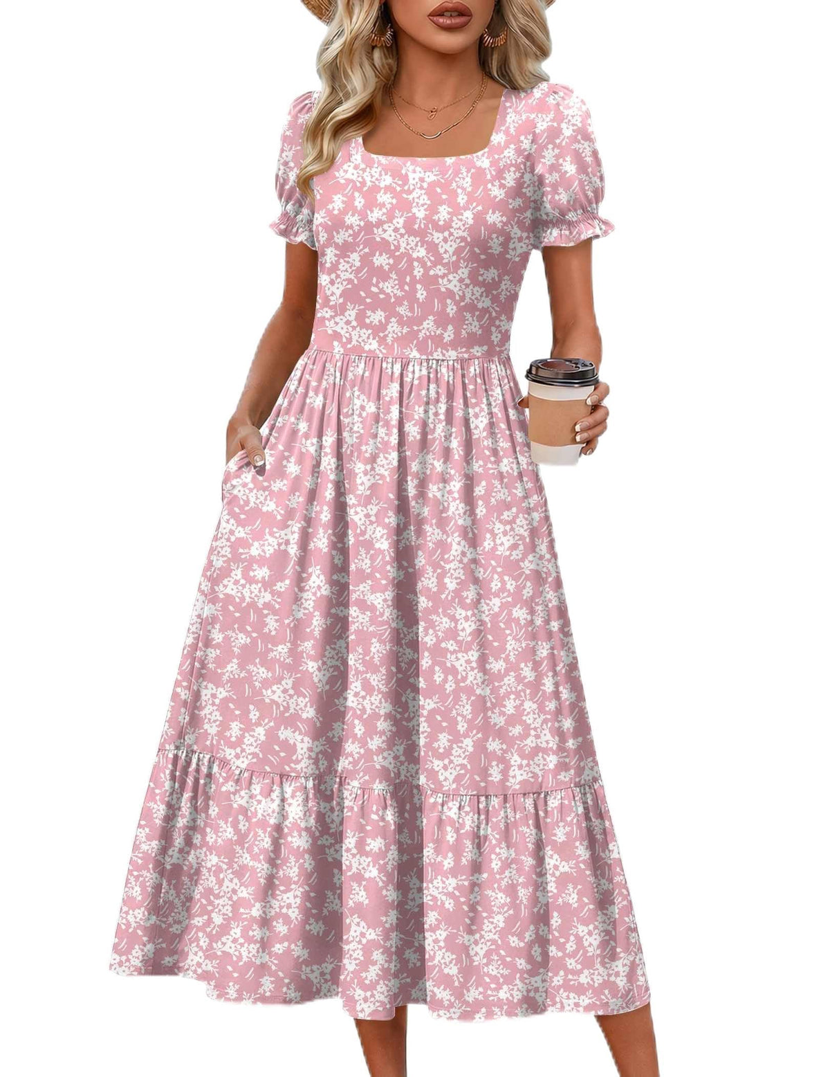 Zeagoo Summer Dresses for Women Flowy Casual Midi Dress Short Sleeve Tiered Dress Beach Vacation Sundresses with Pockets