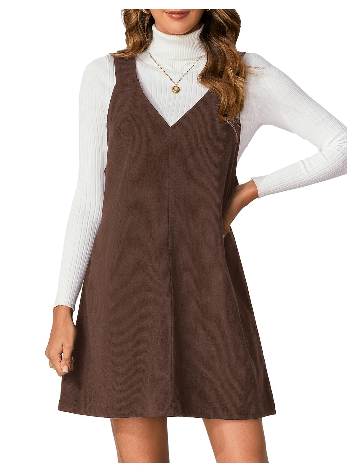 Milumia Women's V Neck Corduroy Overall Dress Mini Pinafore Jumper Dress