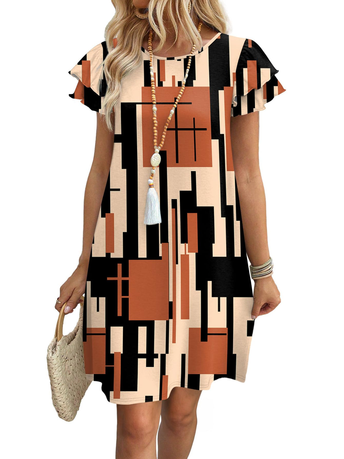 OFEEFAN Womens Summer Dresses 2026 Ruffle Sleeve Round Neck Loose Swing Sundresses with Pockets Plain/Print