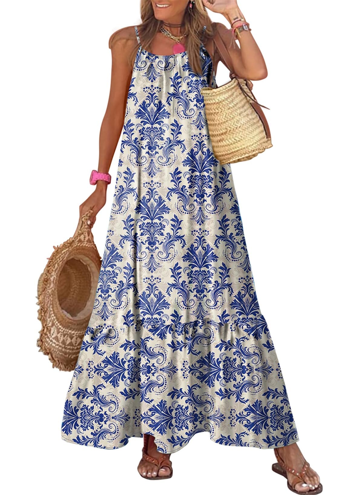 Dokotoo Women Summer Dresses Scoop Neck Ruffle Flowy Boho Maxi Dress