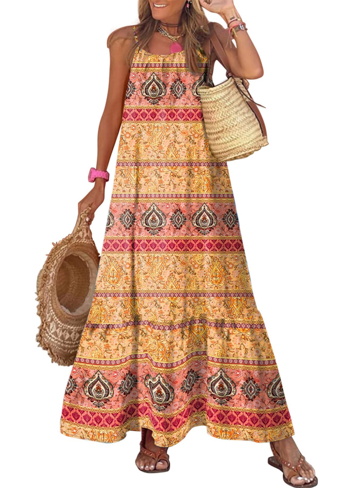 Dokotoo Women Summer Dresses Scoop Neck Ruffle Flowy Boho Maxi Dress