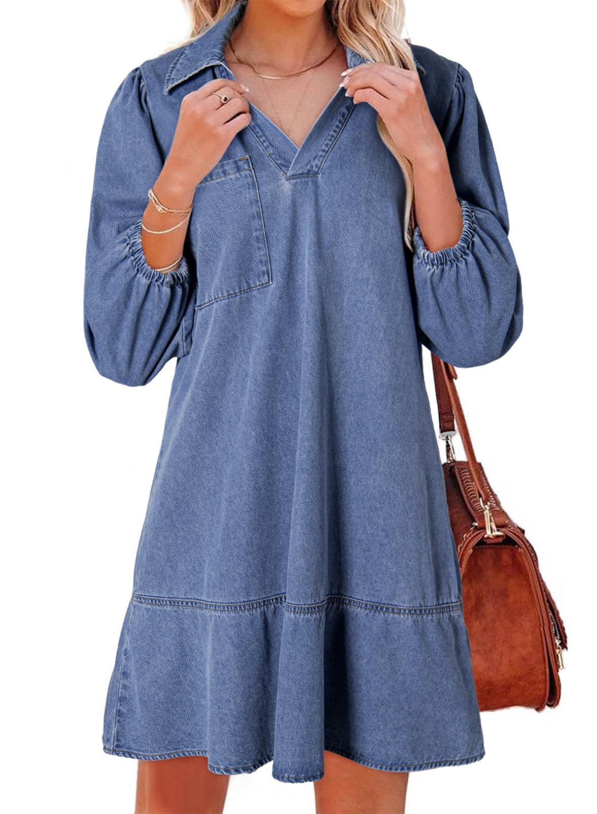 Dokotoo Denim Dress for Women Fall 3/4 Puff Sleeve Babydoll Jean Dress