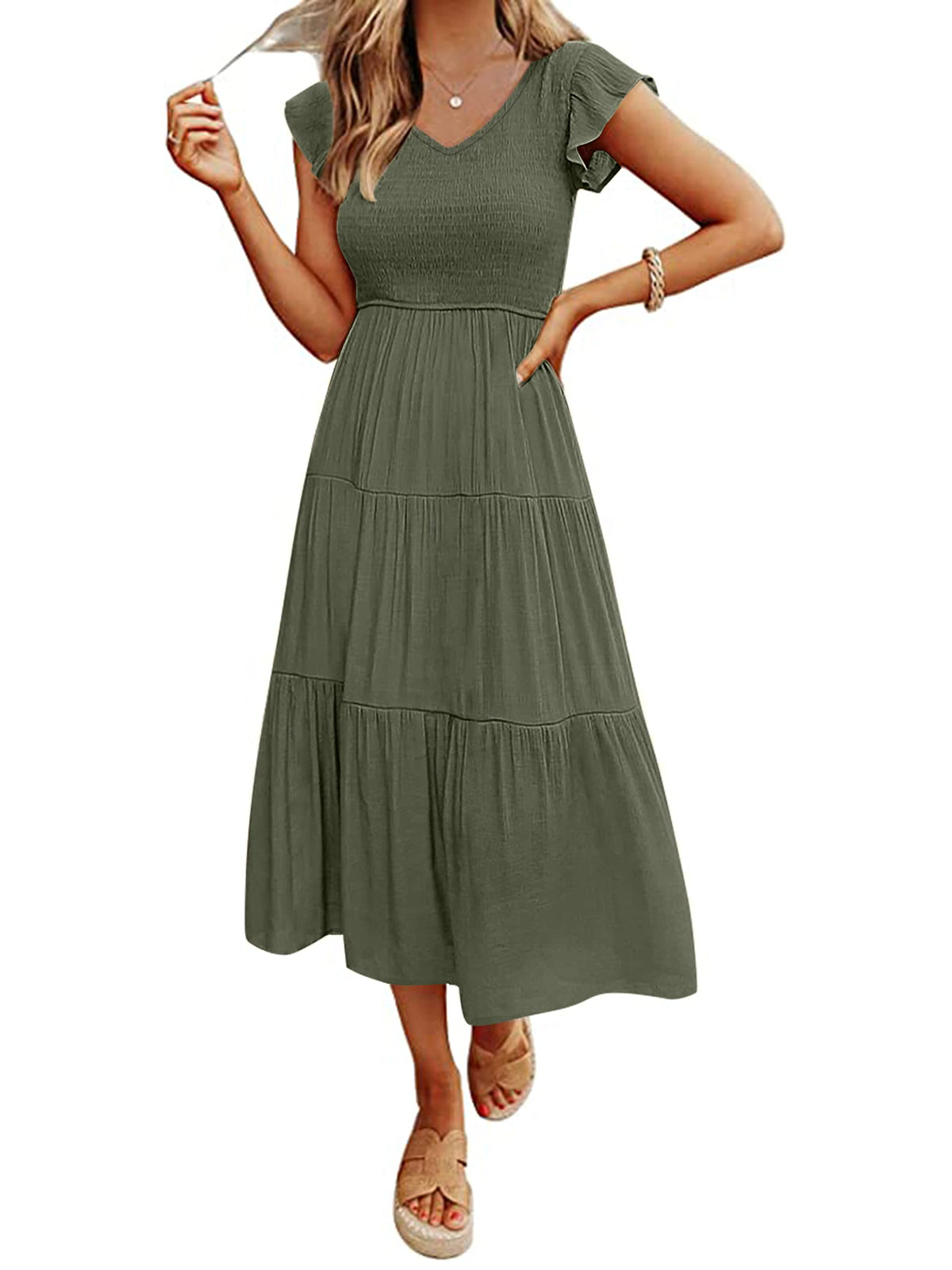 MEROKEETY Women's Summer 2026 Flutter Sleeve Smocked Casual Midi Dress