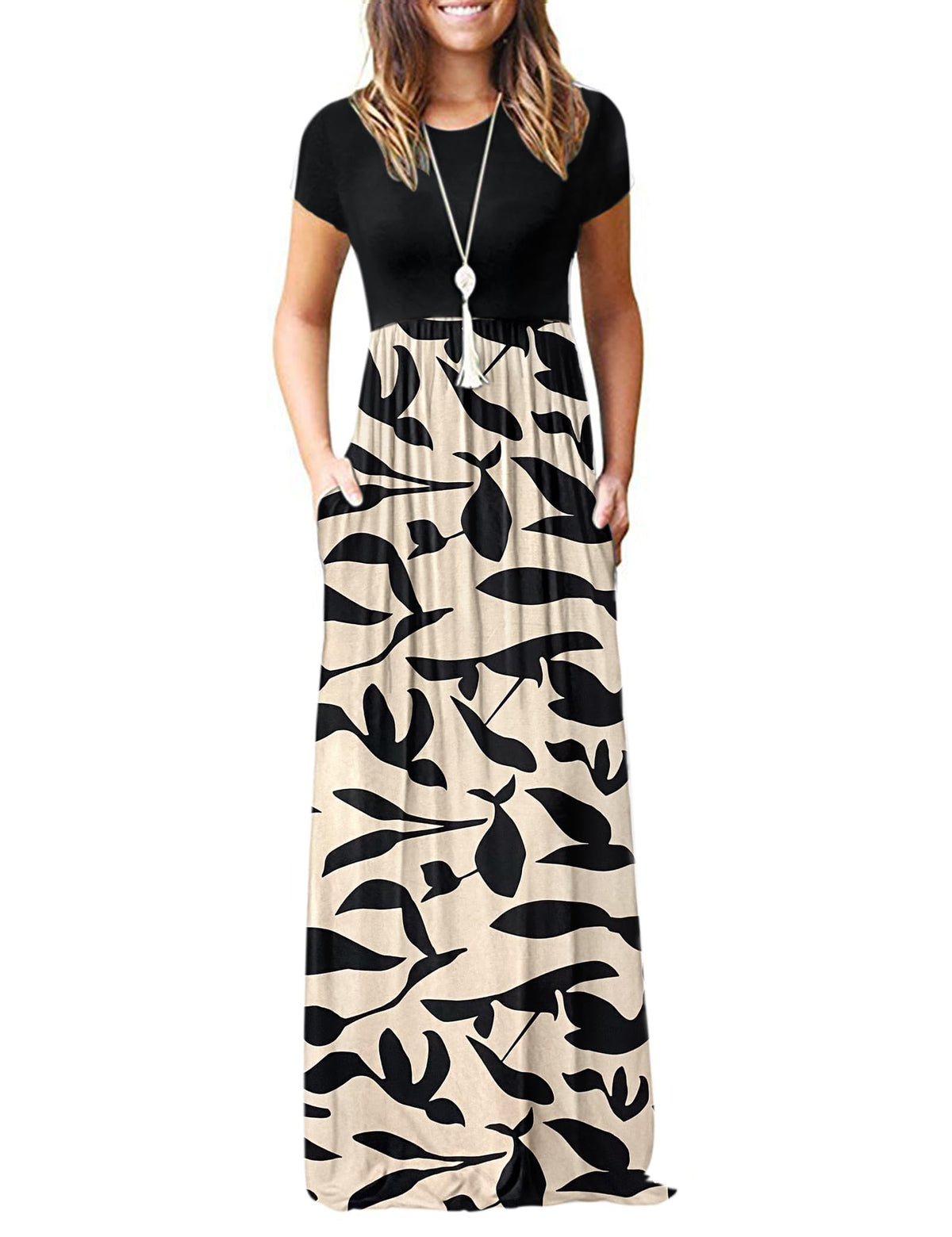 AUSELILY Women's Summer Short Sleeve Loose Plain Casual Long Maxi Dresses