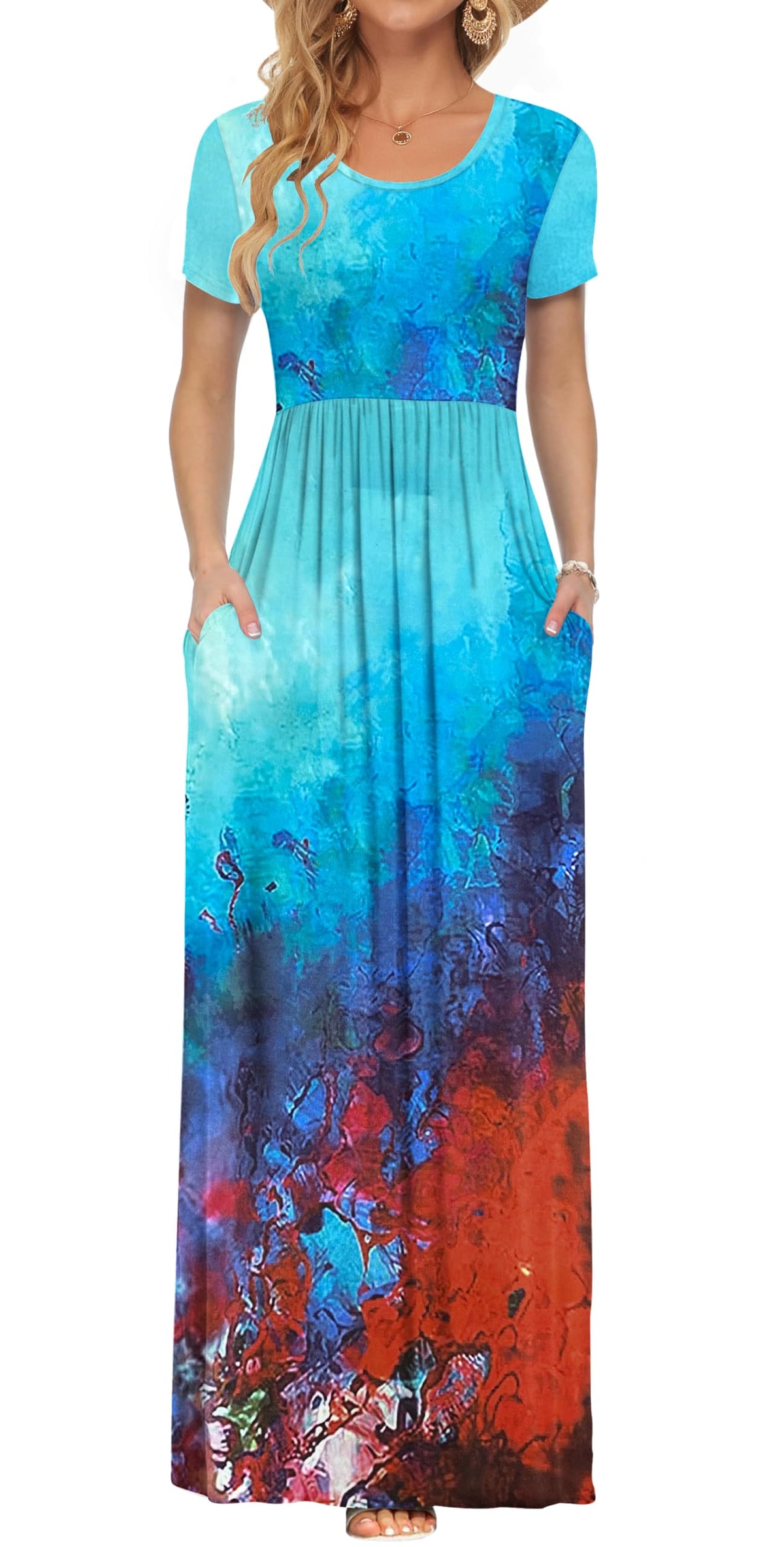 AUSELILY Women's Summer Short Sleeve Loose Plain Casual Long Maxi Dresses