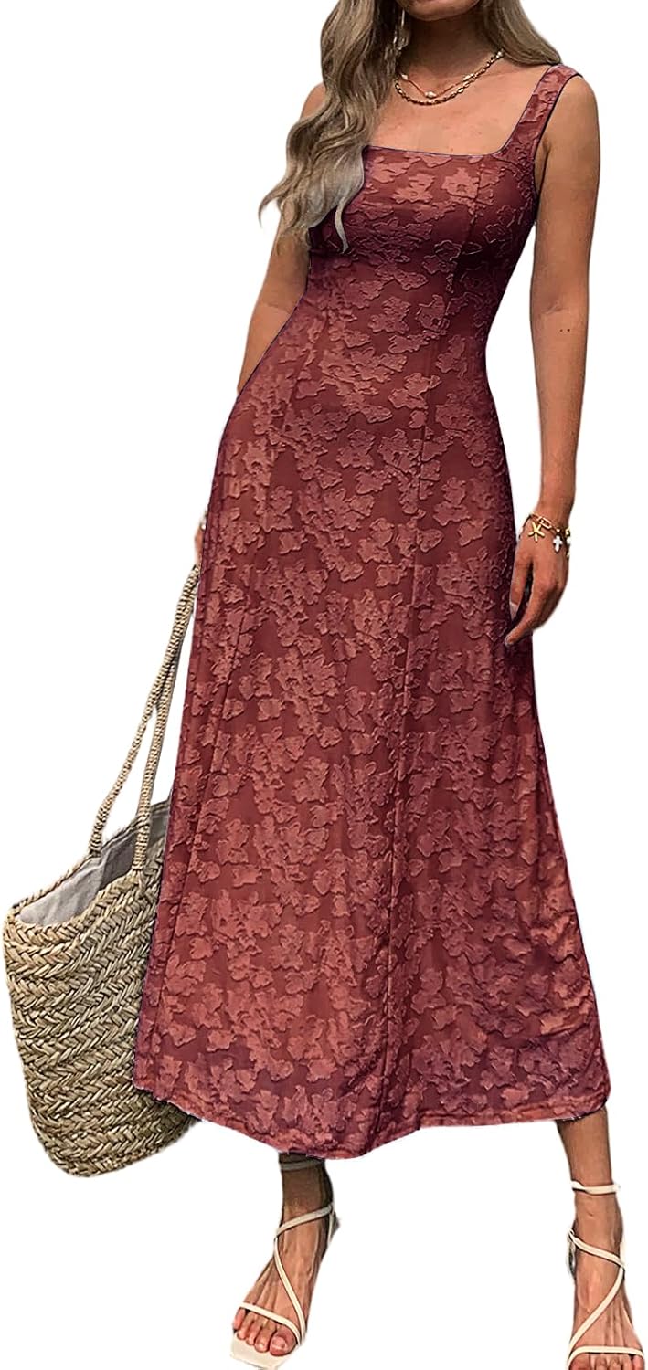 Mieazom Women’s Floral Maxi Dress Square Neck Sleeveless A Line Summer Dress Elegant Fitted Bodice Flowy Long Sundress