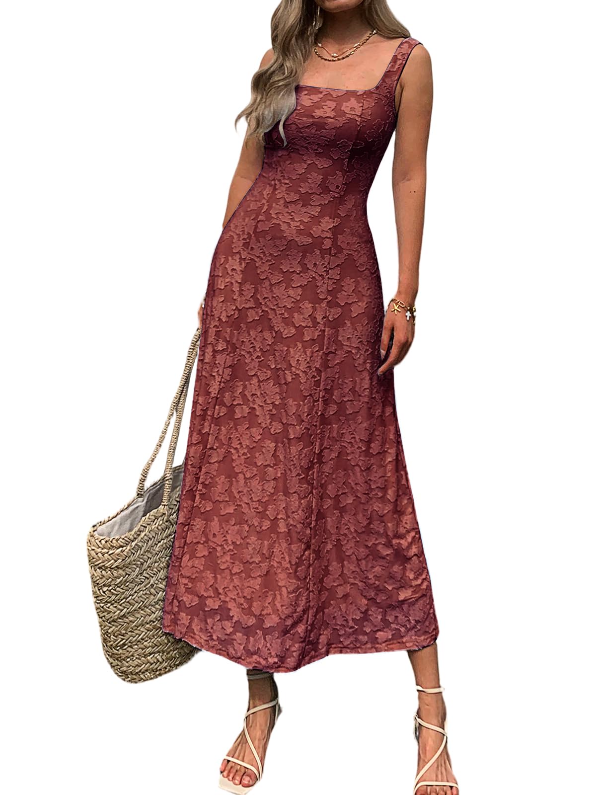 Mieazom Women’s Floral Maxi Dress Square Neck Sleeveless A Line Summer Dress Elegant Fitted Bodice Flowy Long Sundress