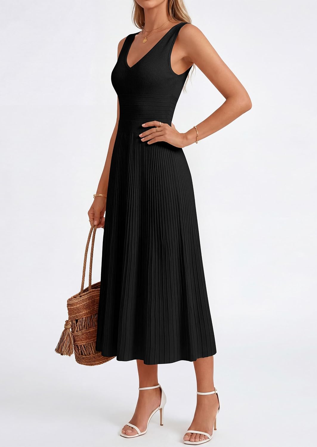 PRETTYGARDEN Women's Summer V Neck Pleated Midi Dress