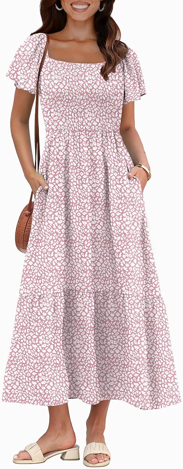 OFEEFAN Summer Dresses for Women Square Neck Ruffle Sleeve Smocked Maxi Dress with Pockets