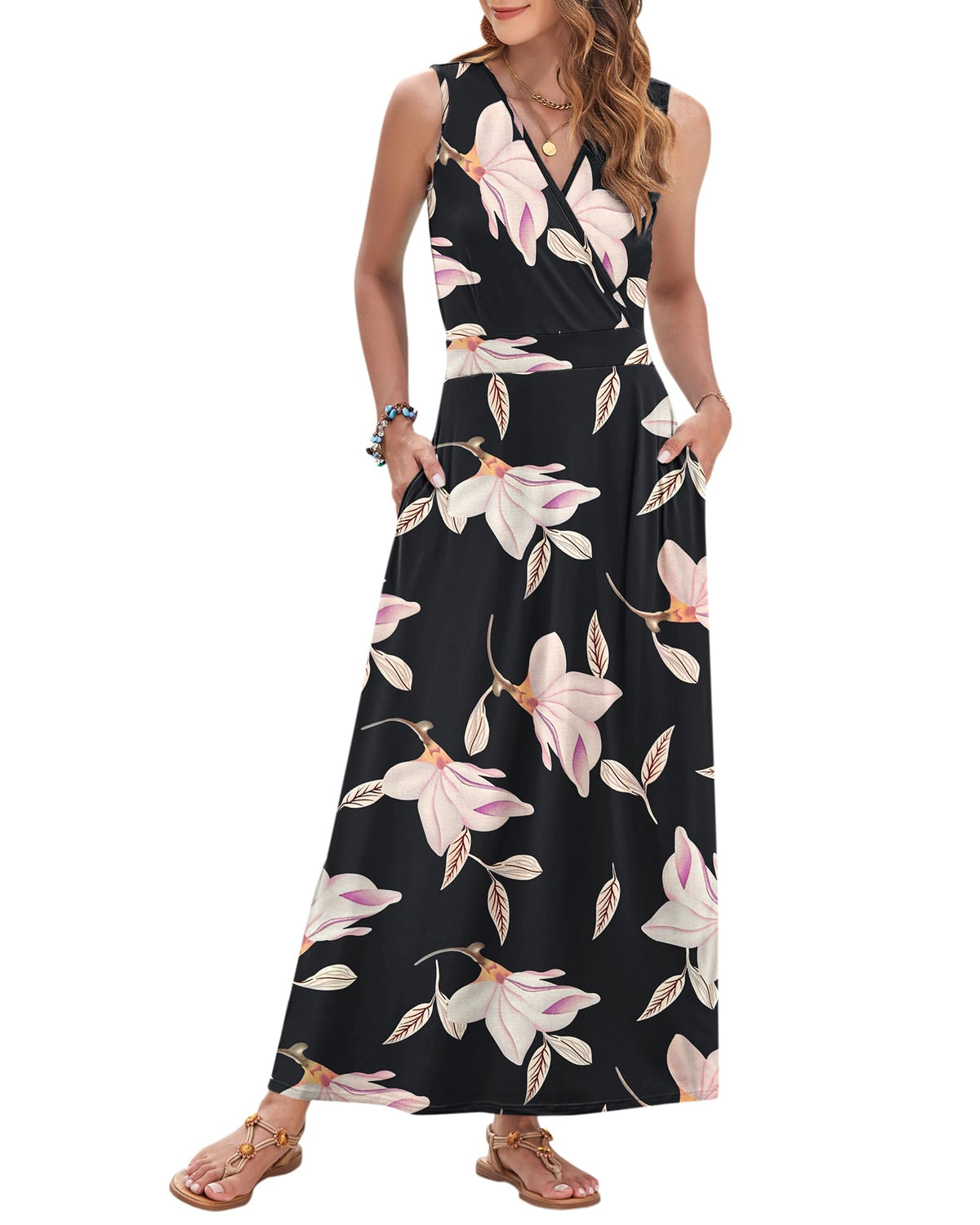 AUSELILY Womens Maxi Dress Summer Sleeveless Wrap Long Dresses with Pockets