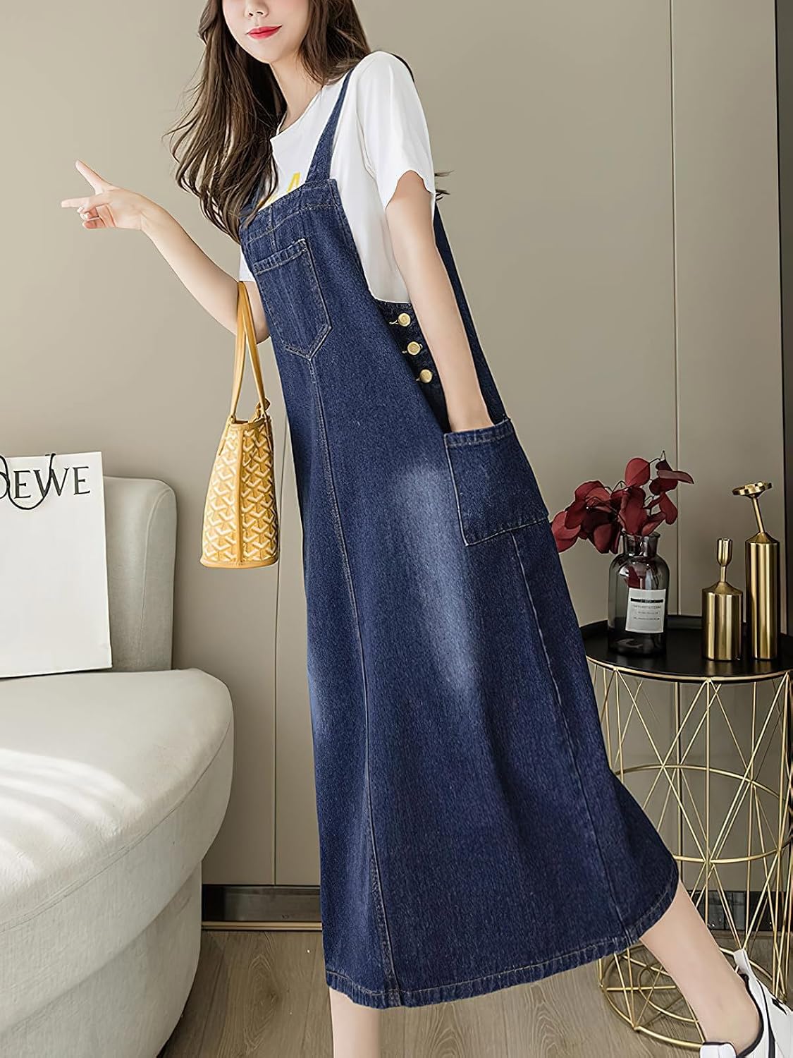 ebossy Women's Patchwork Denim Bib Overall Casual Button Jean Maxi Long Pinafore Dress With Pocket