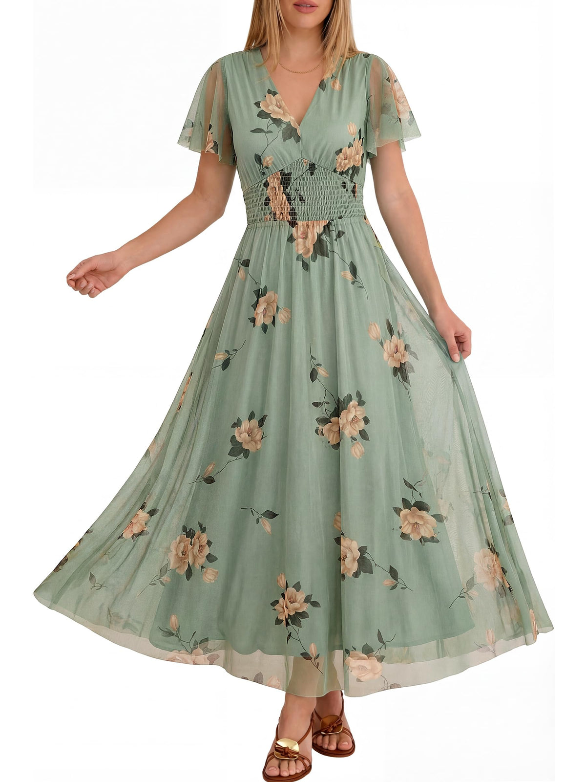 ANRABESS Women's Floral Tulle Wedding Guest Short Sleeve Maxi Dress