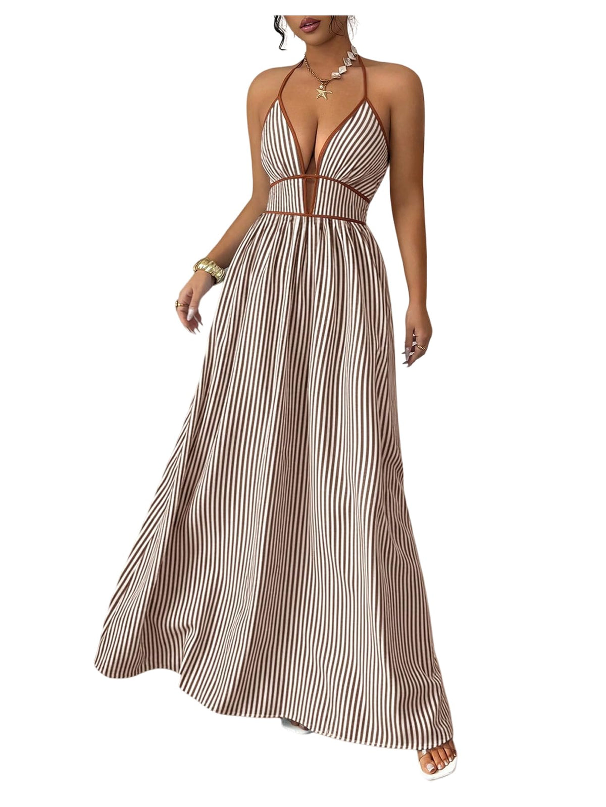 Floerns Women's Striped Halter Maxi Dress Backless Smocked Boho Dress