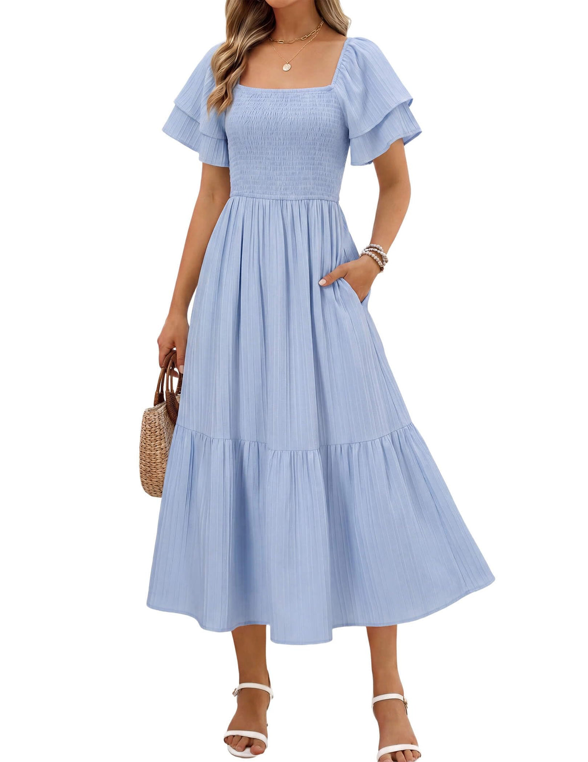 Women's Summer Midi Dress Short Sleeve Square Neck Off Shoulder Ruffle Elastic High Waist Vacation Dress with Pockets