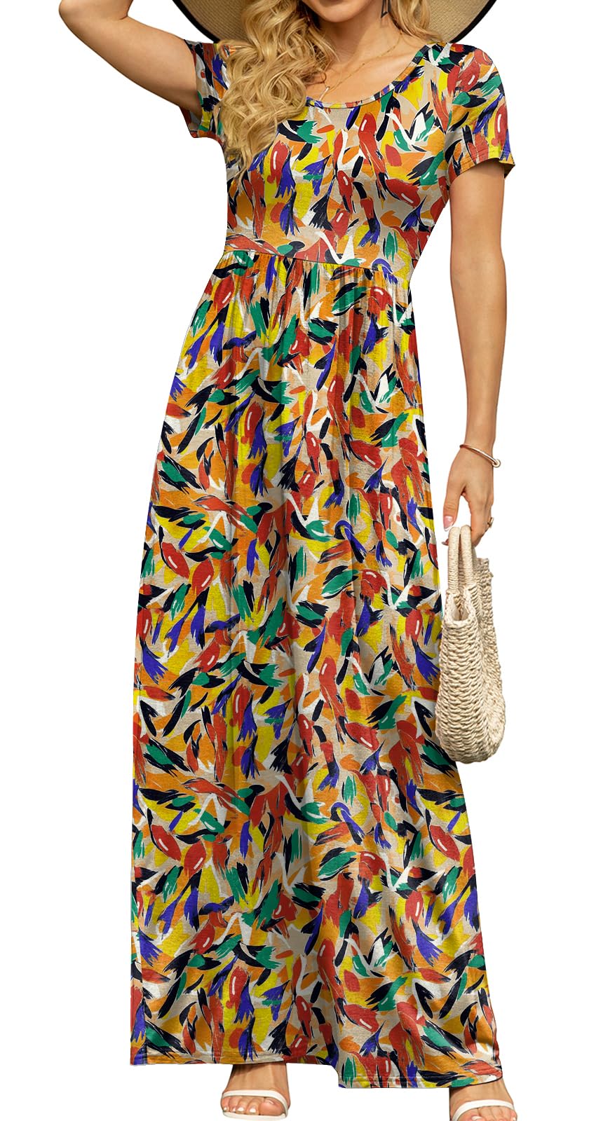 DB MOON Women's Summer Maxi Dress Casual Short Sleeve Empire Waist Pockets