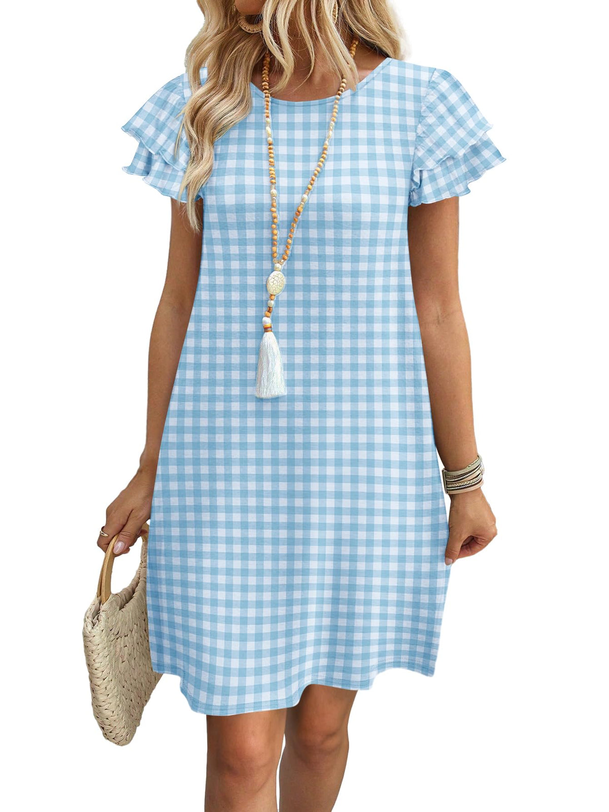 OFEEFAN Womens Summer Dresses 2026 Ruffle Sleeve Round Neck Loose Swing Sundresses with Pockets Plain/Print