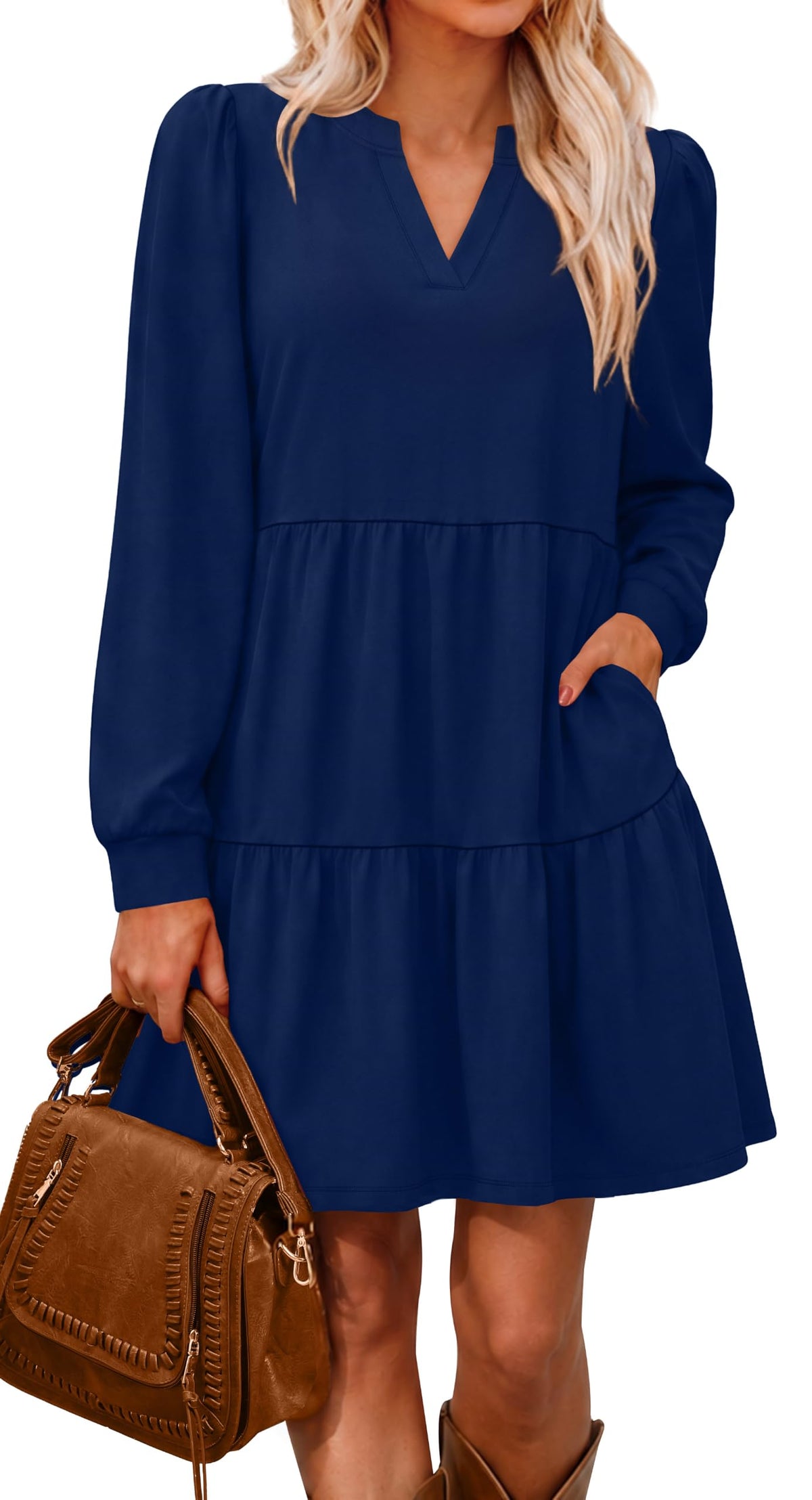 OFEEFAN Fall Dresses for Women V Neck Long Sleeve Tiered Dress with Pockets