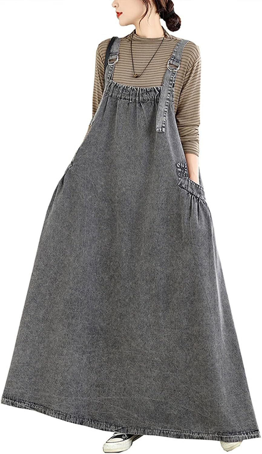 Women's Casual Loose Denim Dress Sleeveless Adjustable Straps Denim Jumper Dress with Pockets