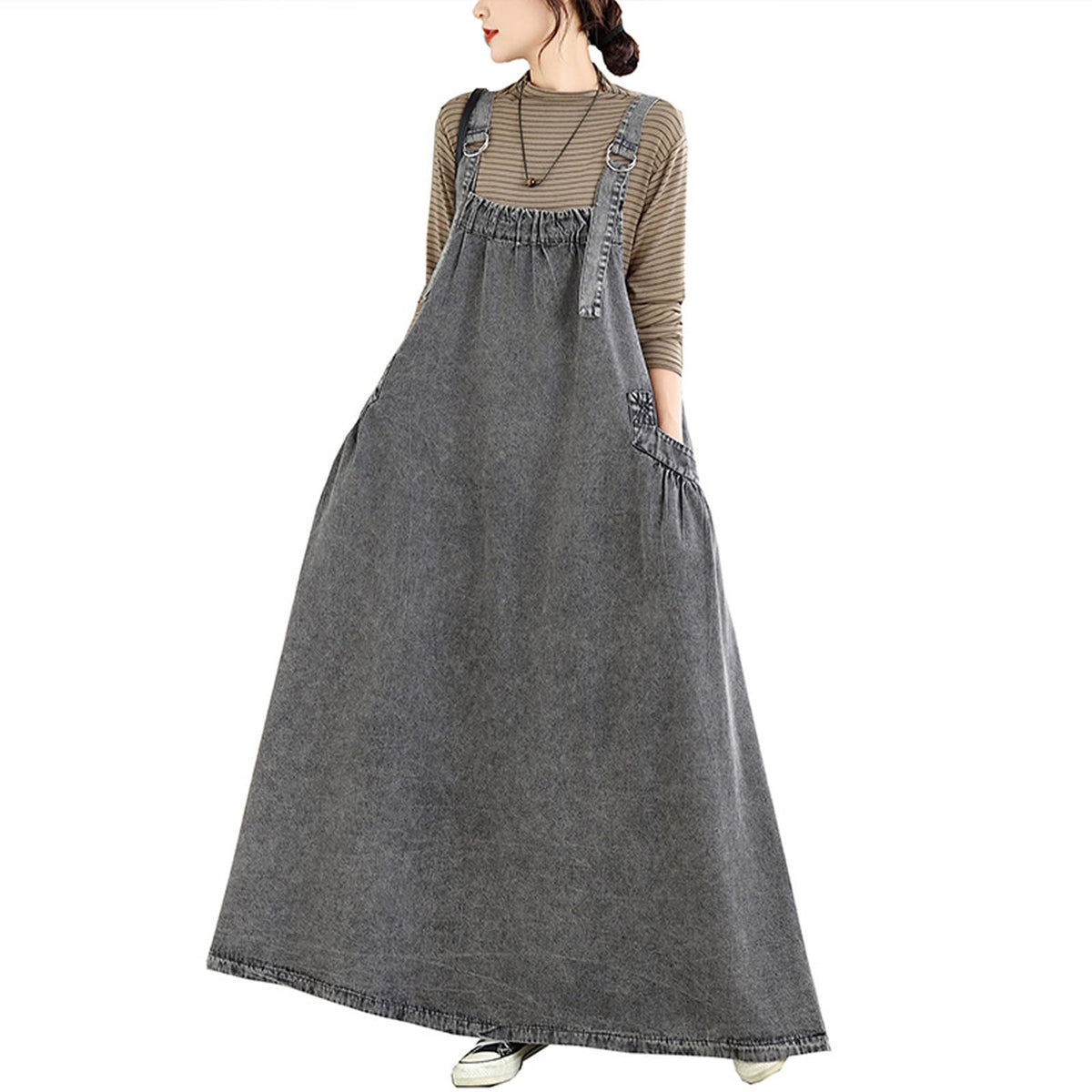 Women's Casual Loose Denim Dress Sleeveless Adjustable Straps Denim Jumper Dress with Pockets