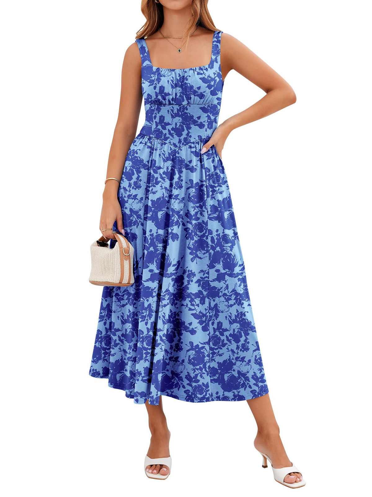 YIOYOLA Womens Casual Summer Dress with Pockets | Sleeveless Square Neck Flowy A-Line Midi Sundress for Beach & Wedding Guest