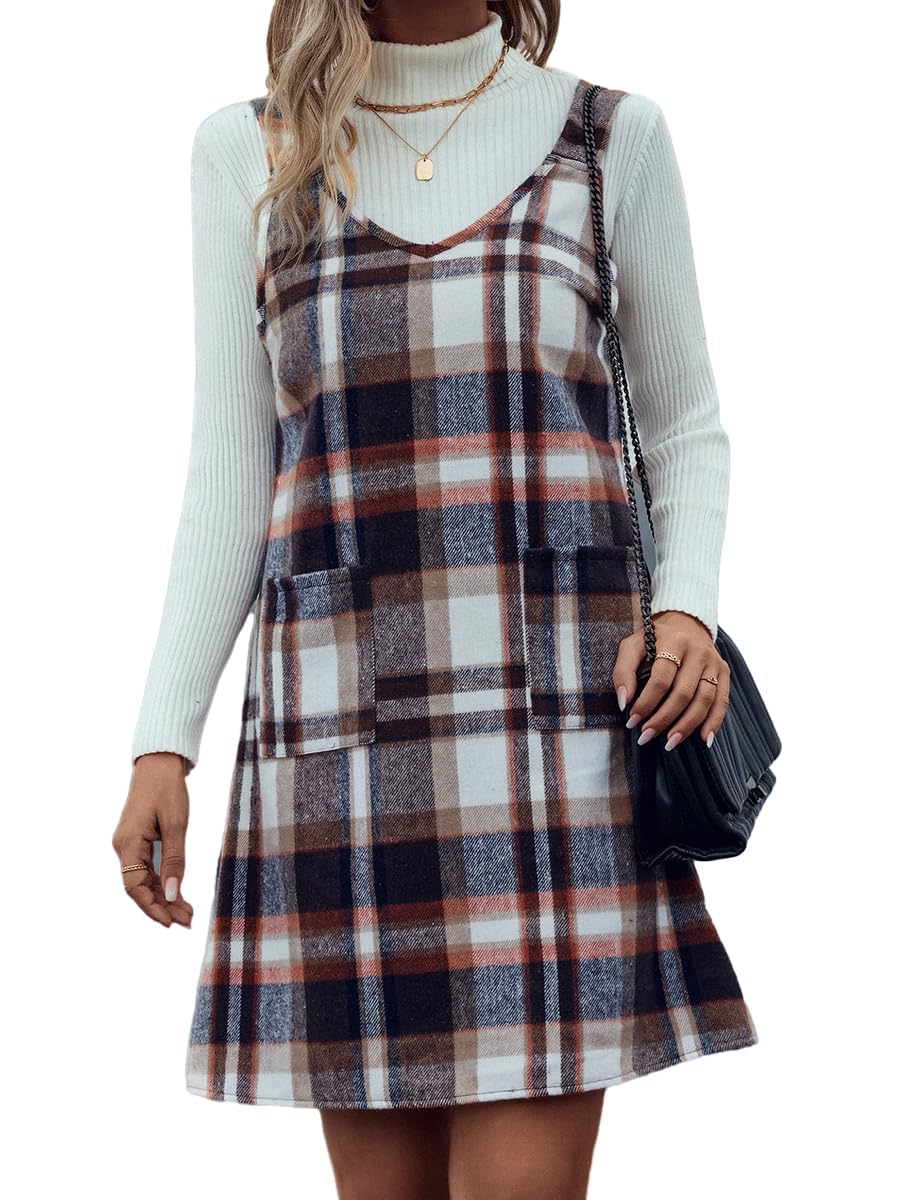 IDEALSANXUN Plaid Overall Dress for Women Fall Winter Sleeveless Plaid Dresses with Pockets