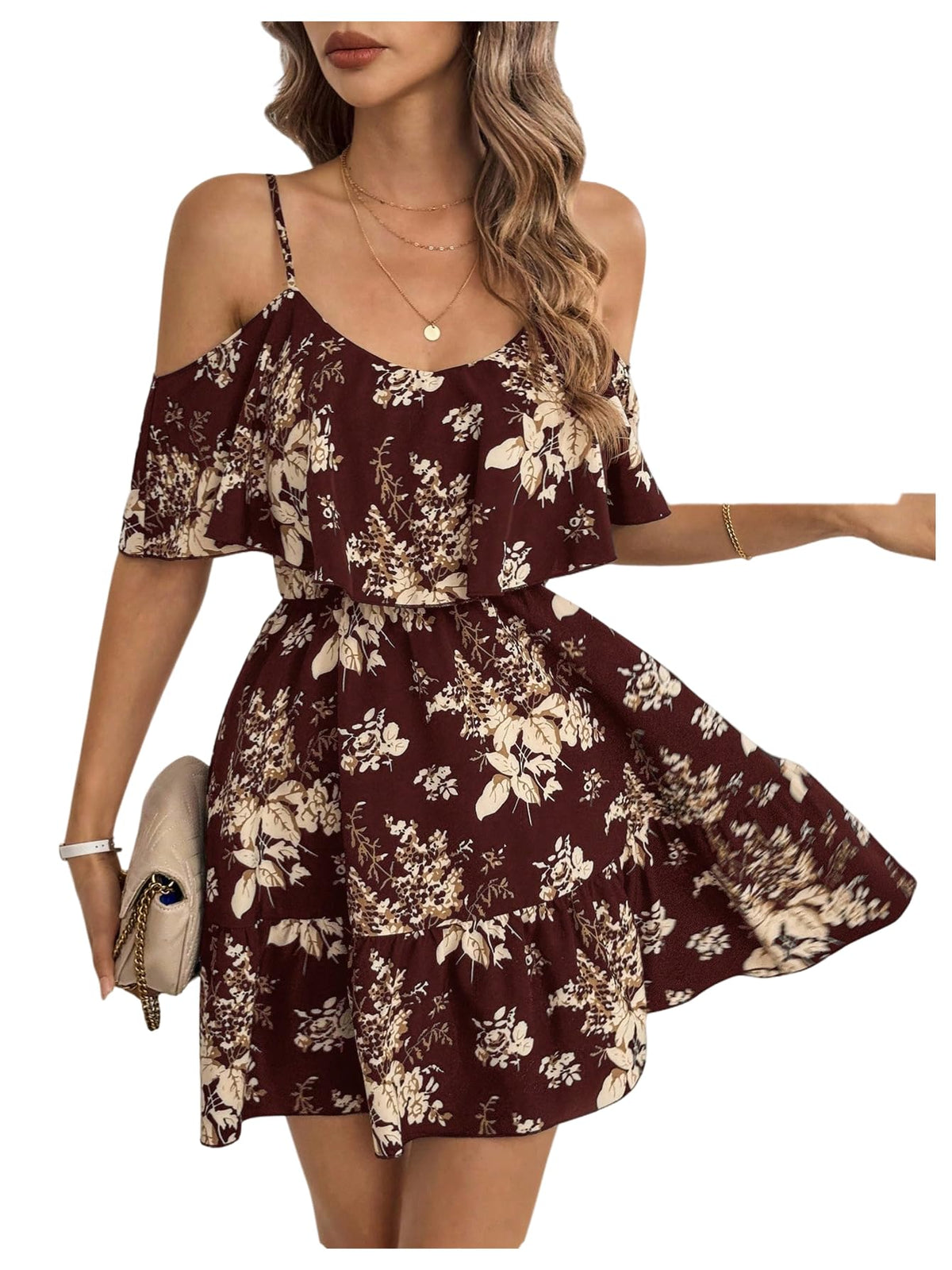 SOLY HUX Women's Summer Floral Mini Dress Cold Shoulder Ruffle Dresses